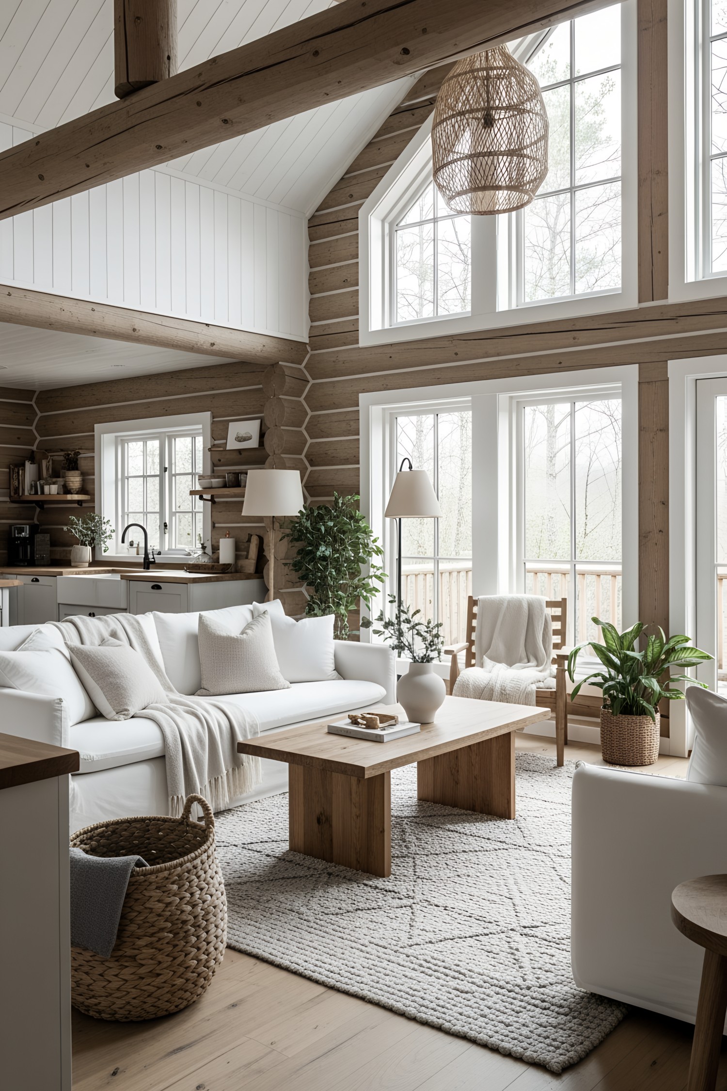Bright and airy log cabin living area with large windows and modern decor