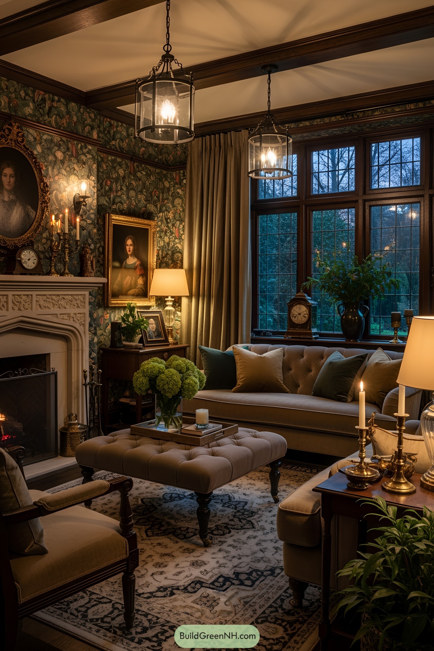 Cozy Tudor living room with floral wallpaper and a fireplace