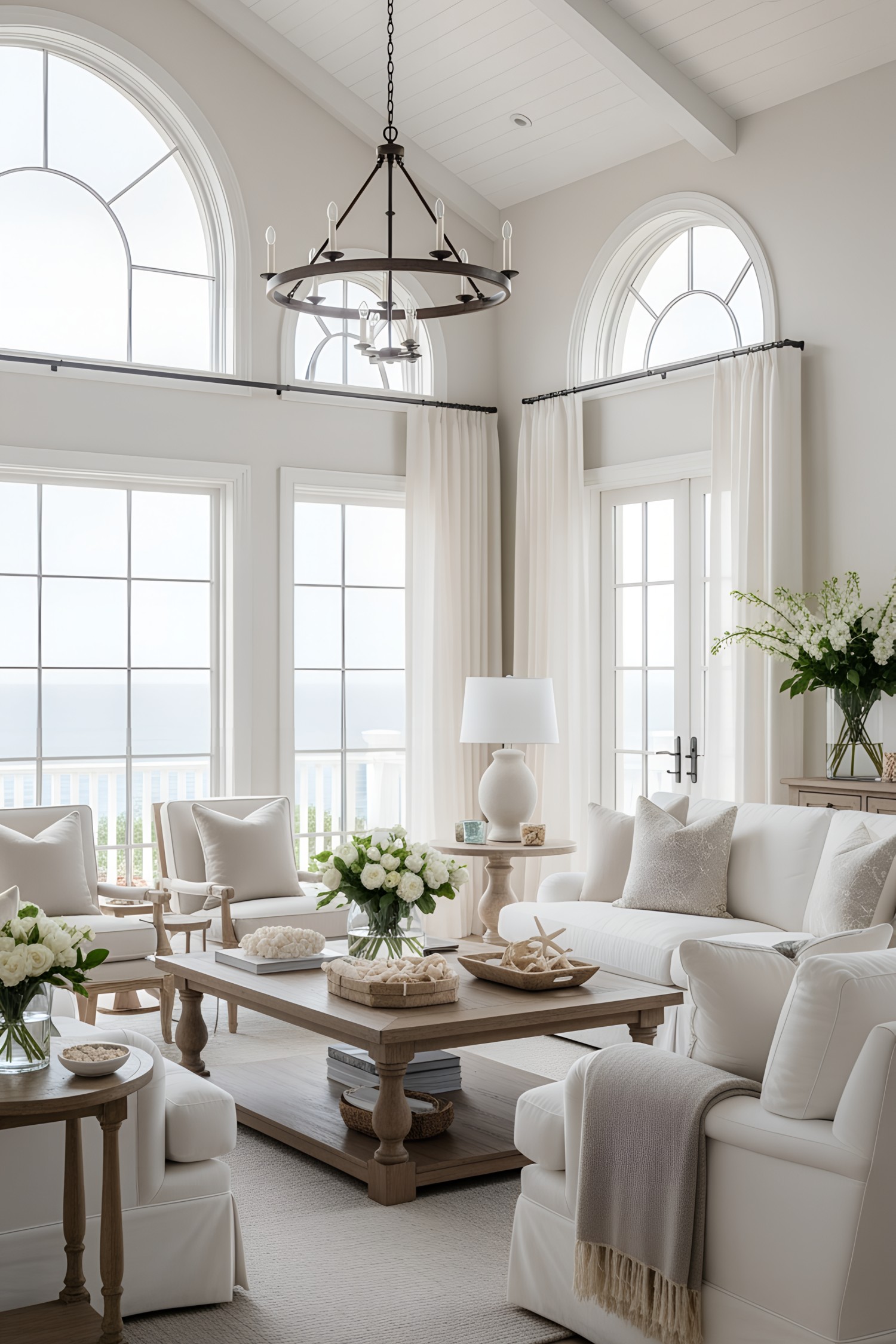 Bright and airy beach house living room with large windows and white furnishings