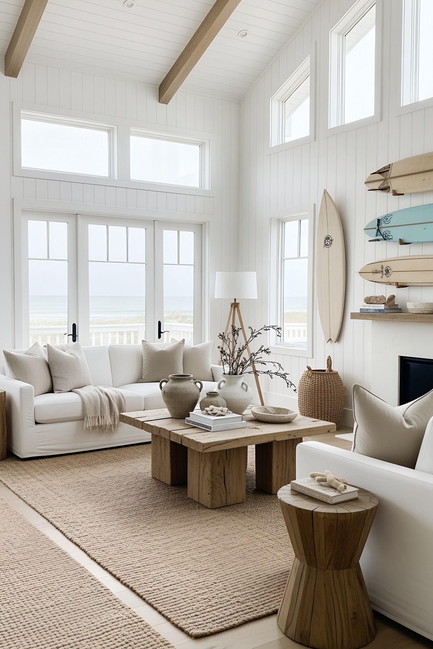 Beach-themed living room with surfboards and coastal decor