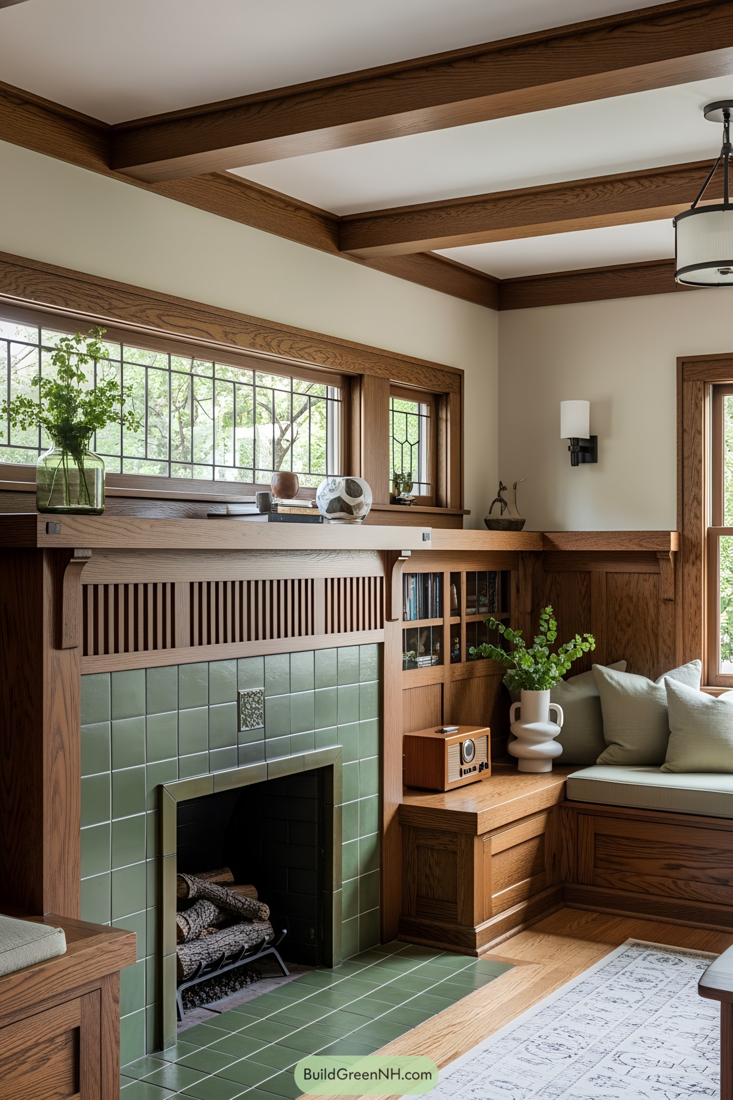 Cozy craftsman interior with green tiled fireplace and wood accents