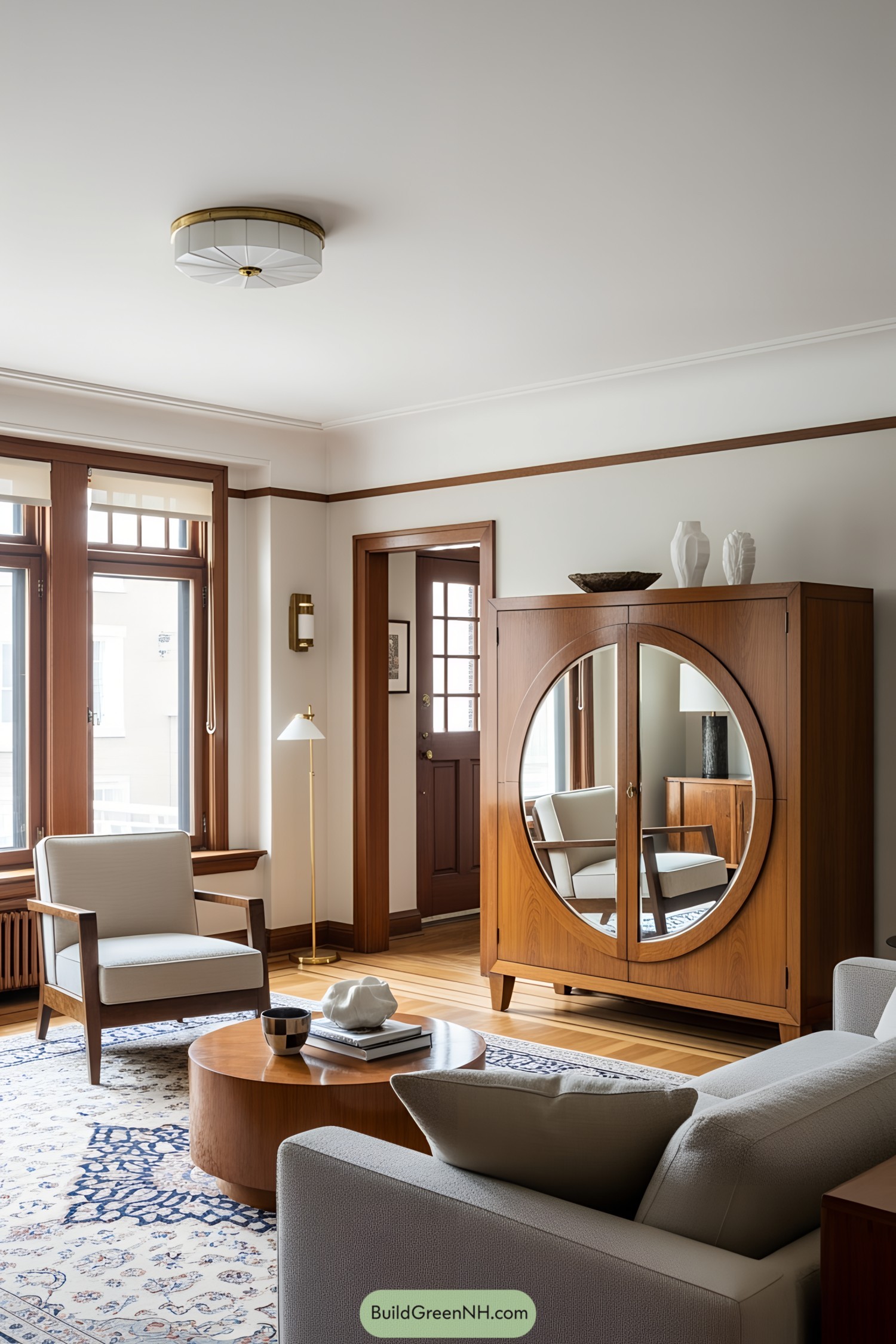 Elegant 1920s living room with wooden accents and art deco flair