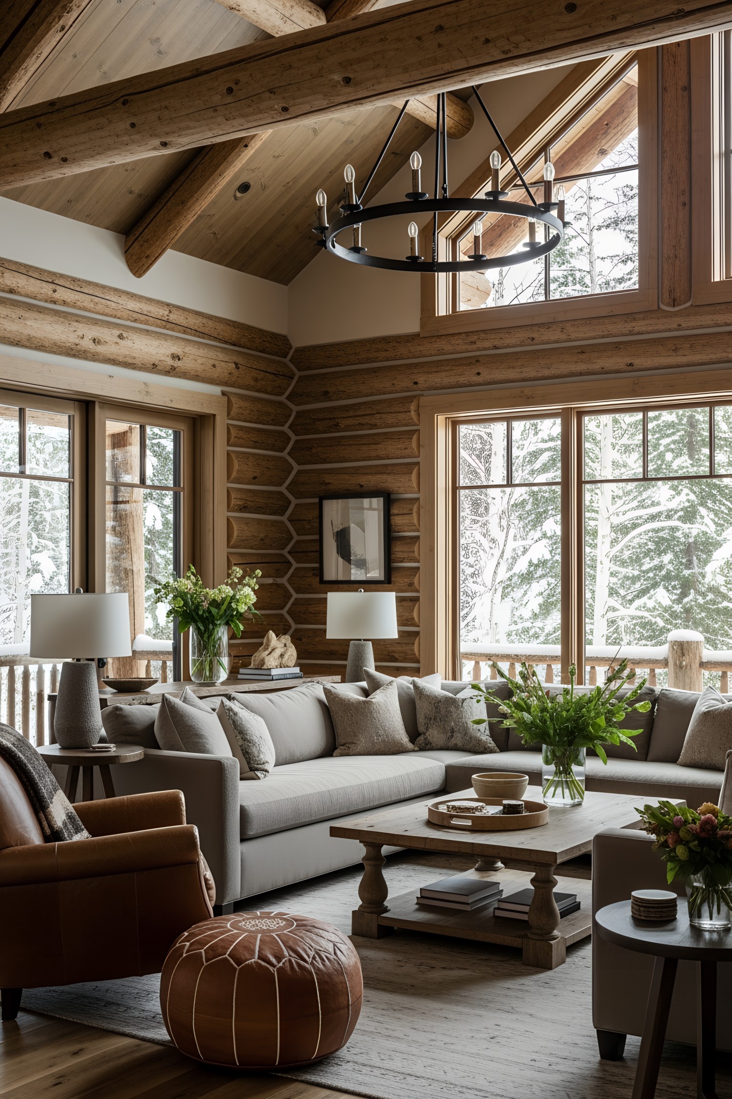 Bright and airy log cabin living room with large windows