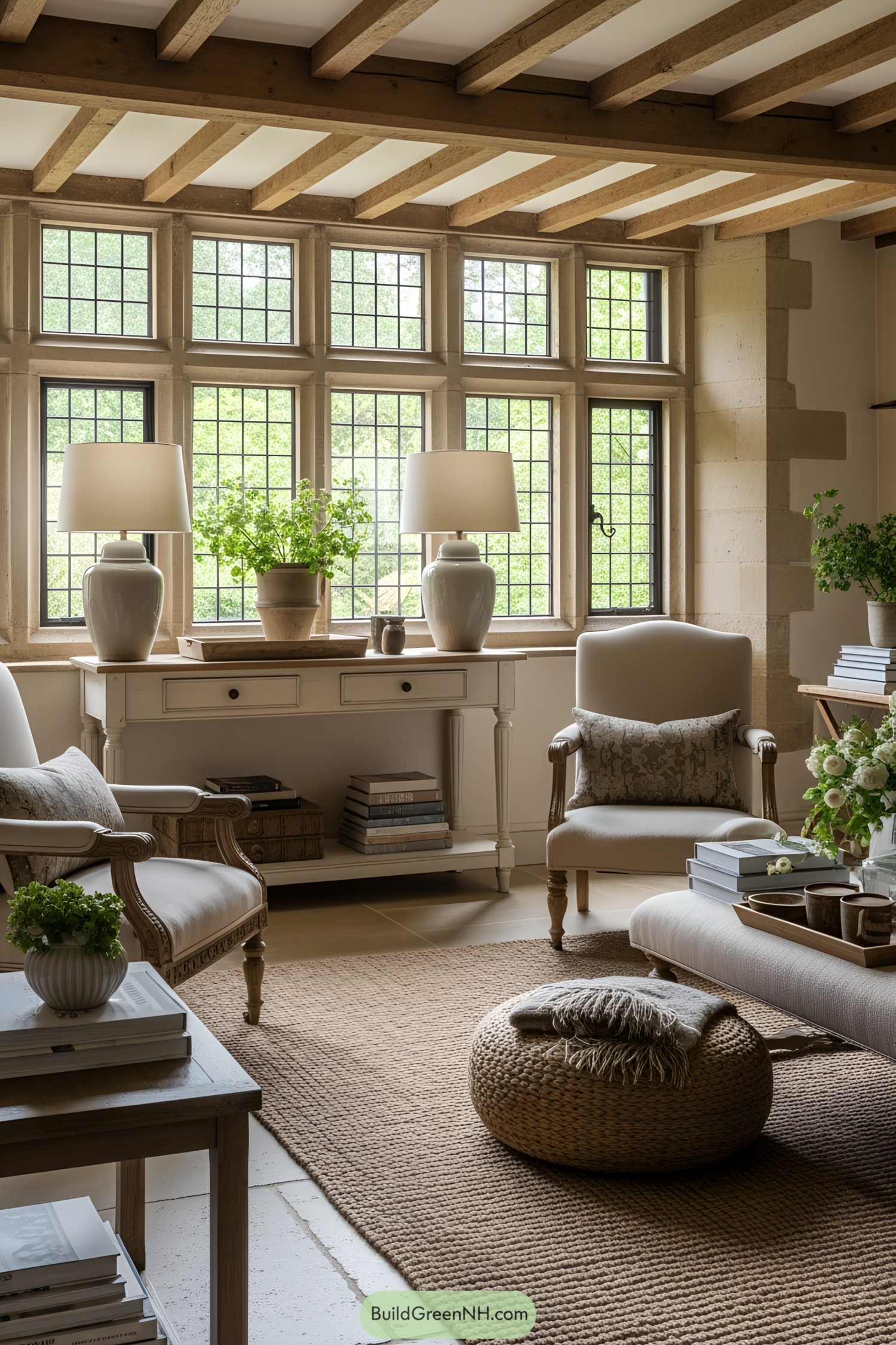 Inviting living room with Tudor windows and decor