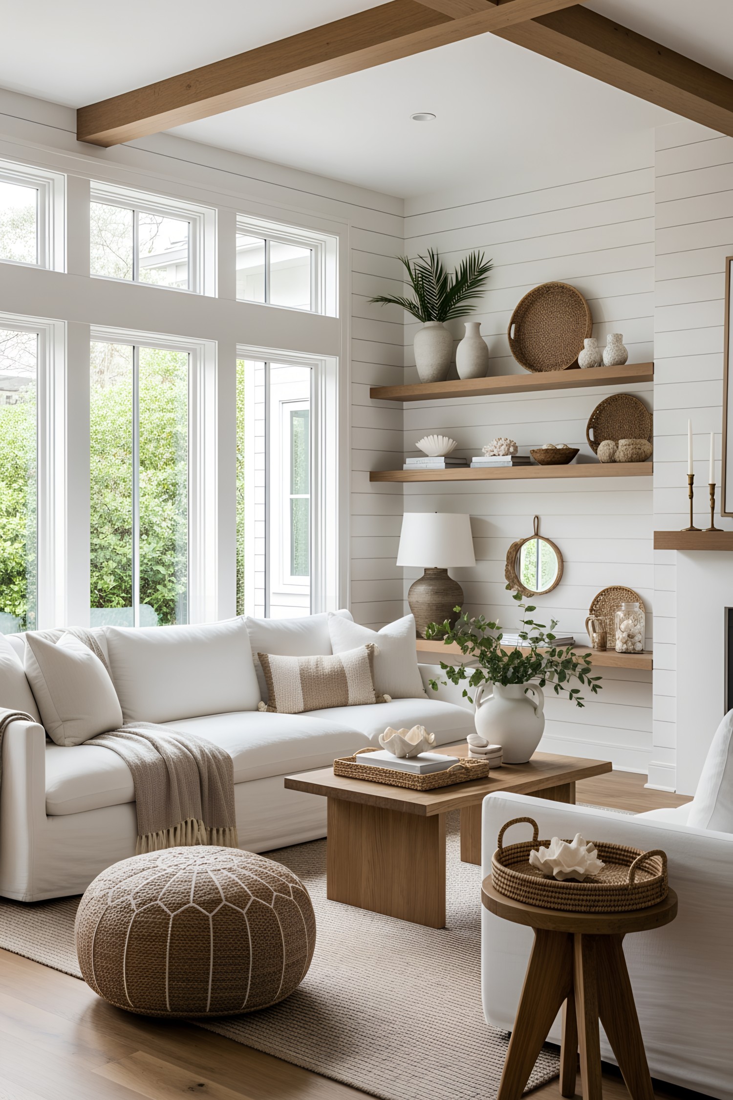 Bright beach-themed living room with white furniture and wood accents