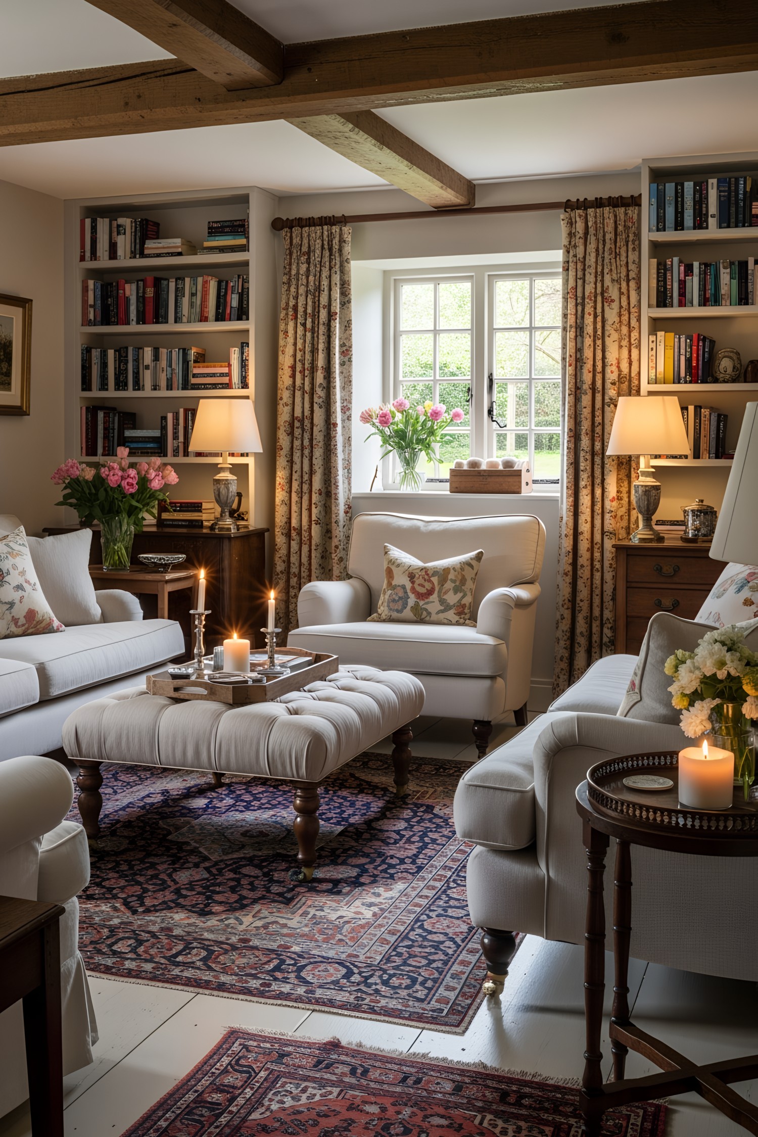 Bright British cottage living room with floral accents