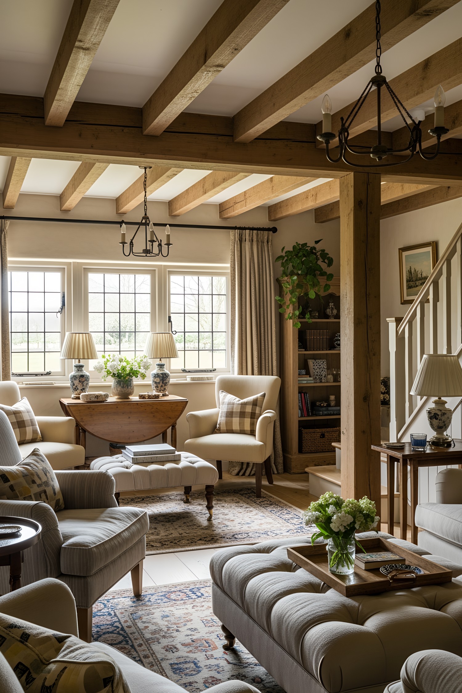 Sunlit cottage living room with wooden beams and cozy seating