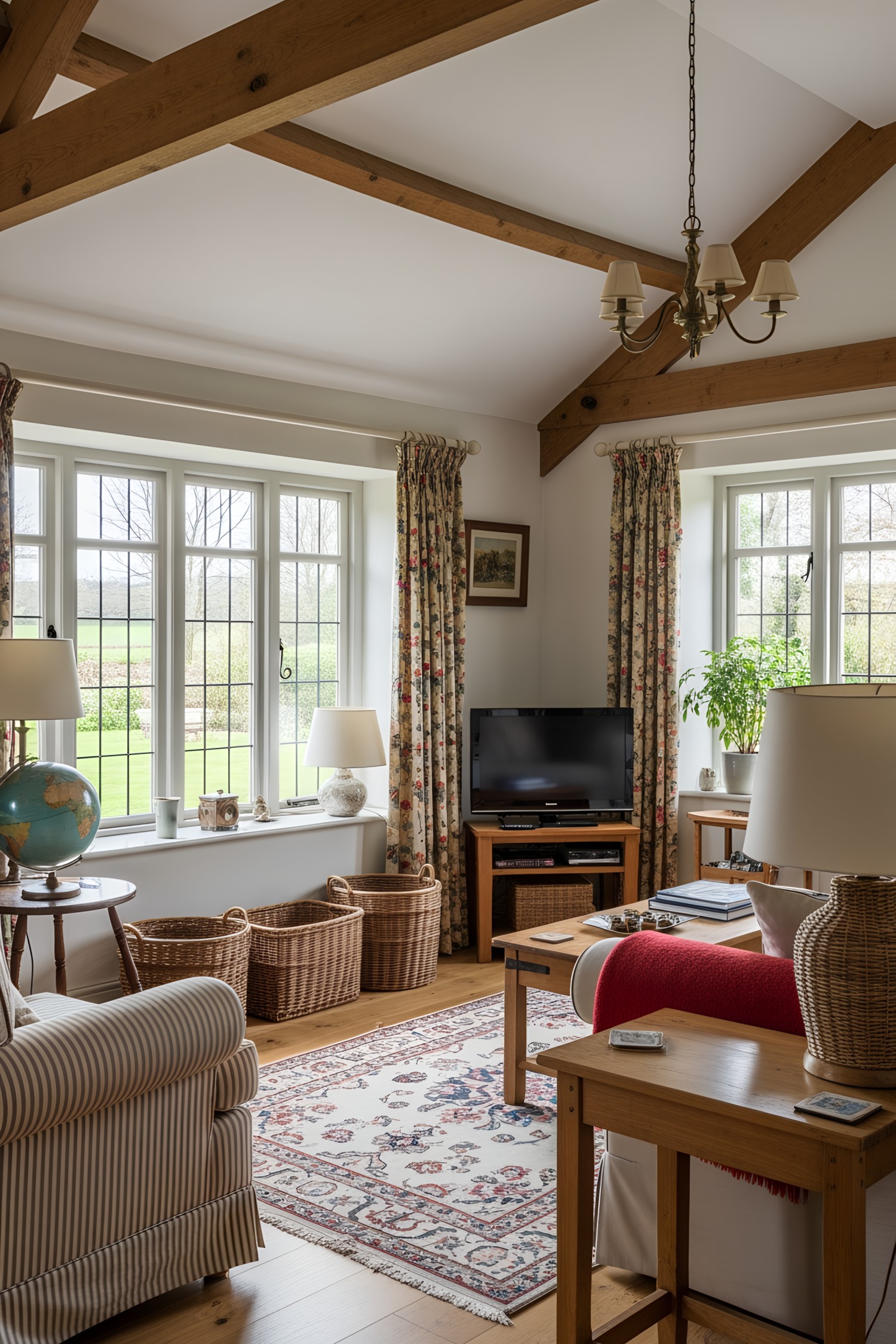 Cozy living room with wooden beams and floral decor