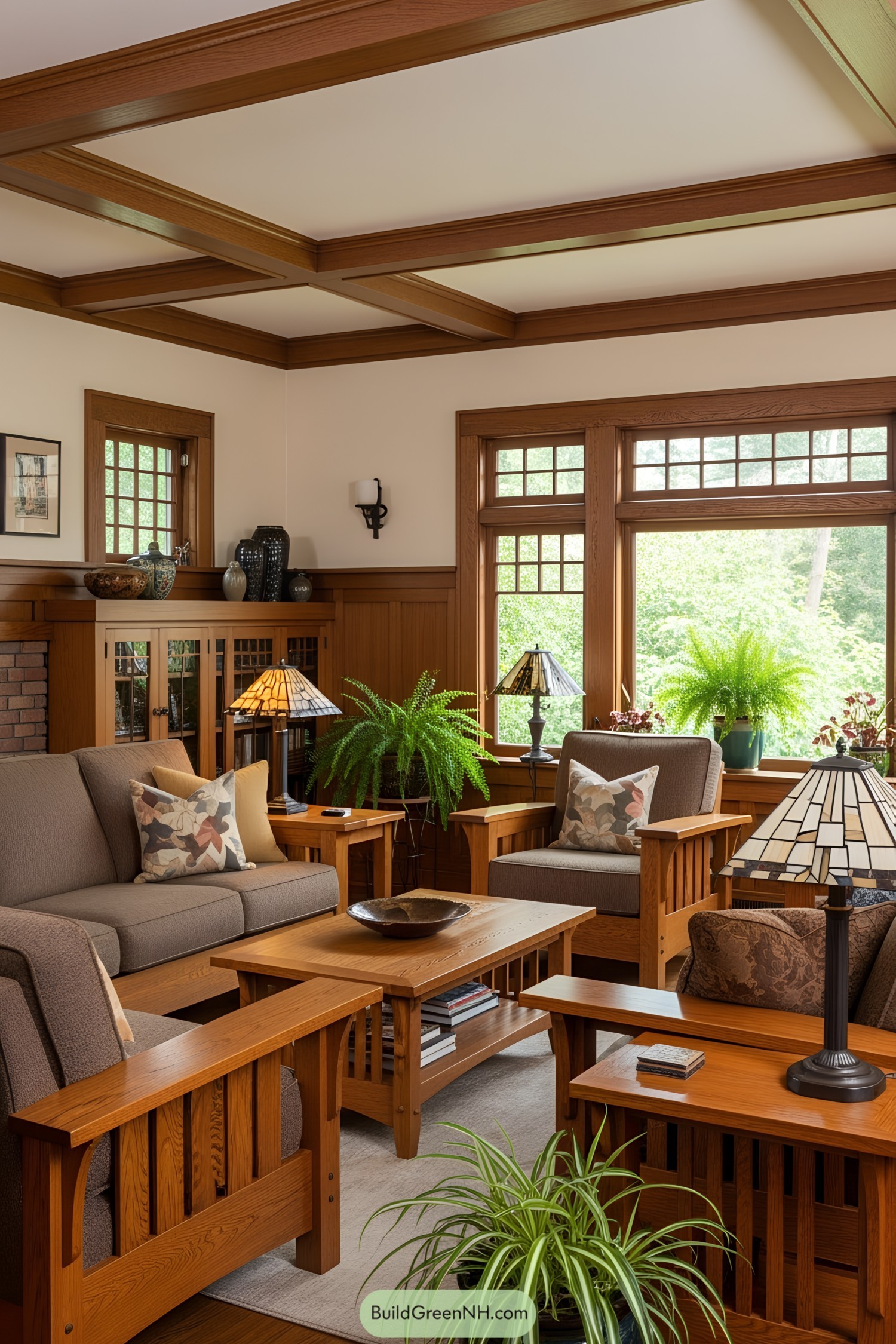 Warm, inviting bungalow living room with wooden accents and greenery