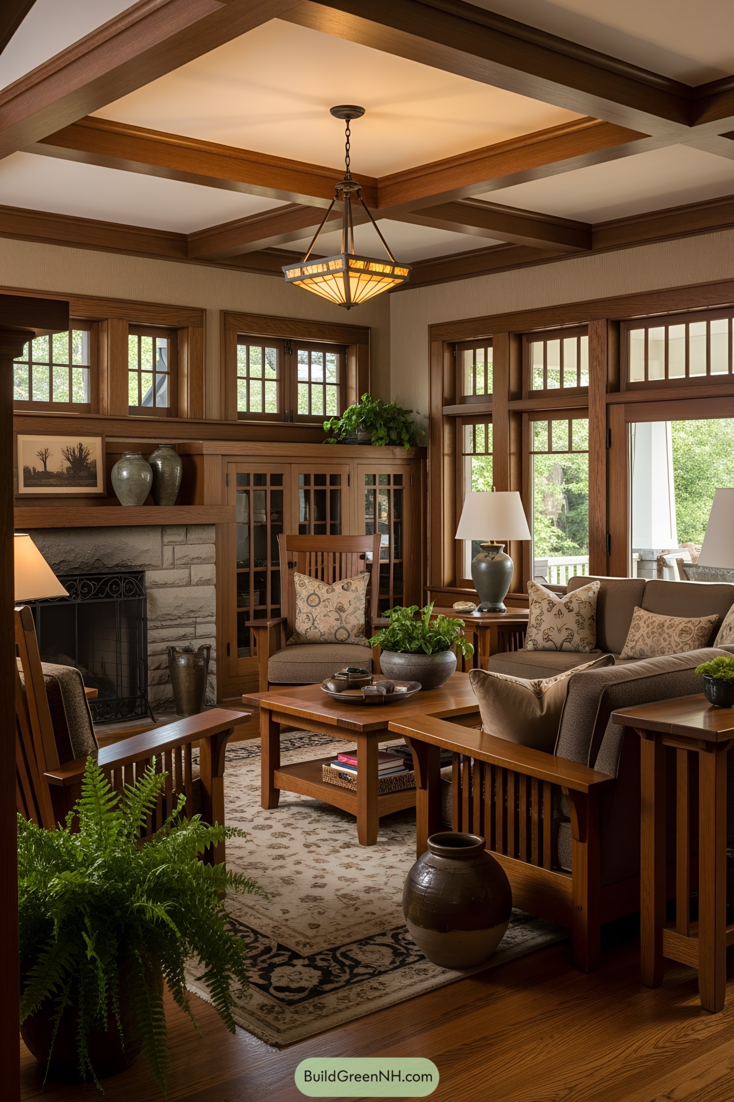 Living room with wooden accents and cozy furniture