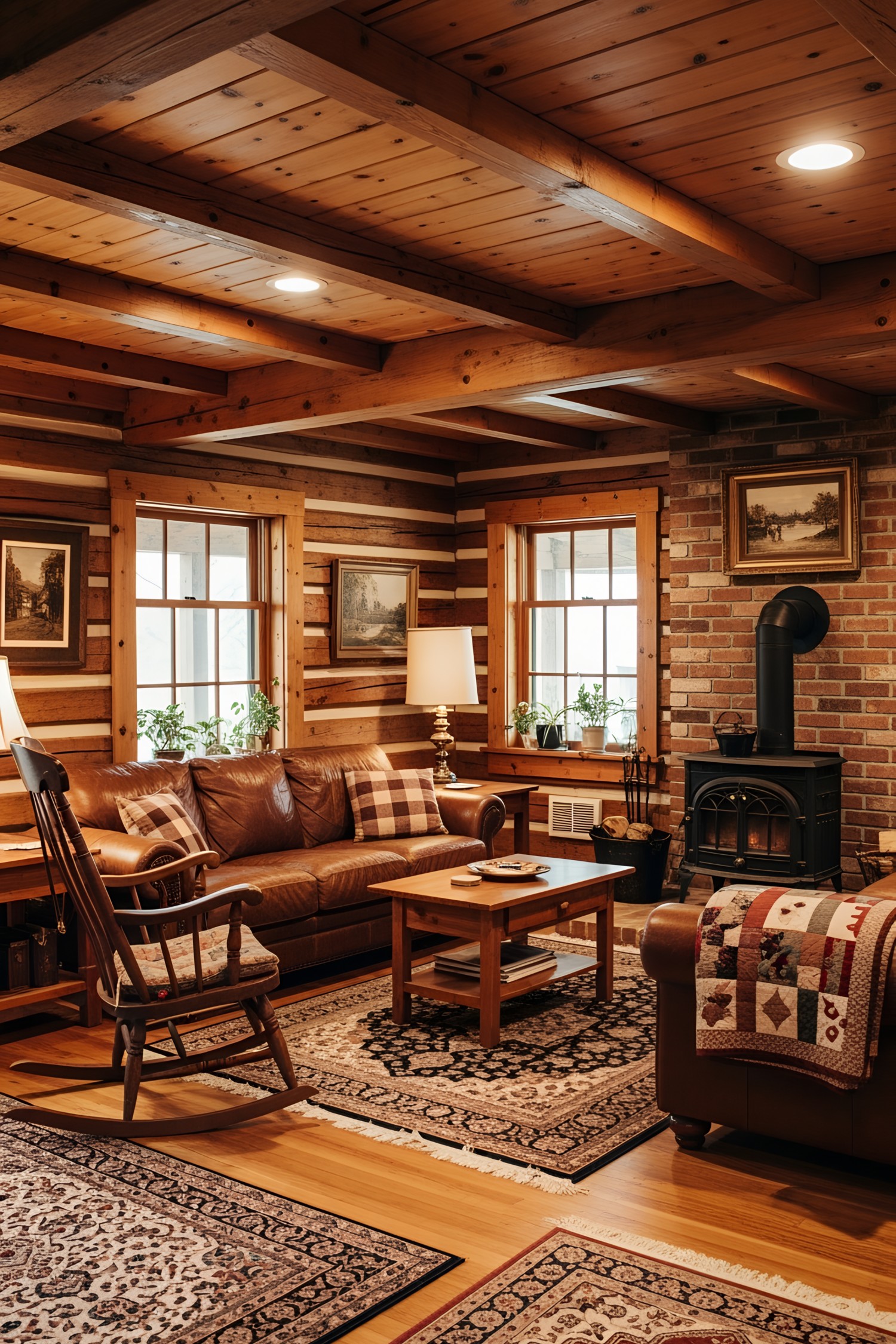 Classic log cabin interior with cozy seating