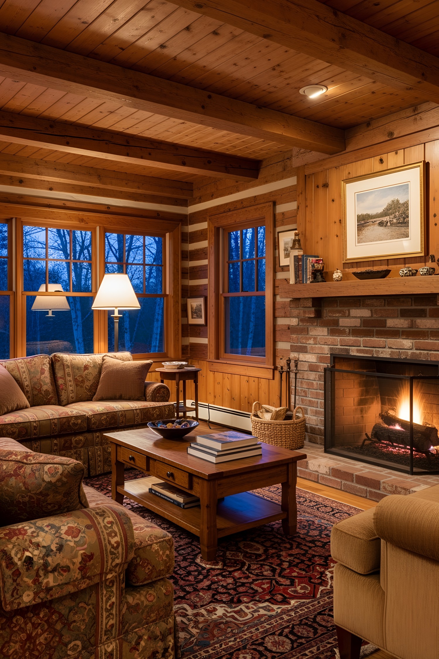 Warm log cabin living room with a glowing fireplace