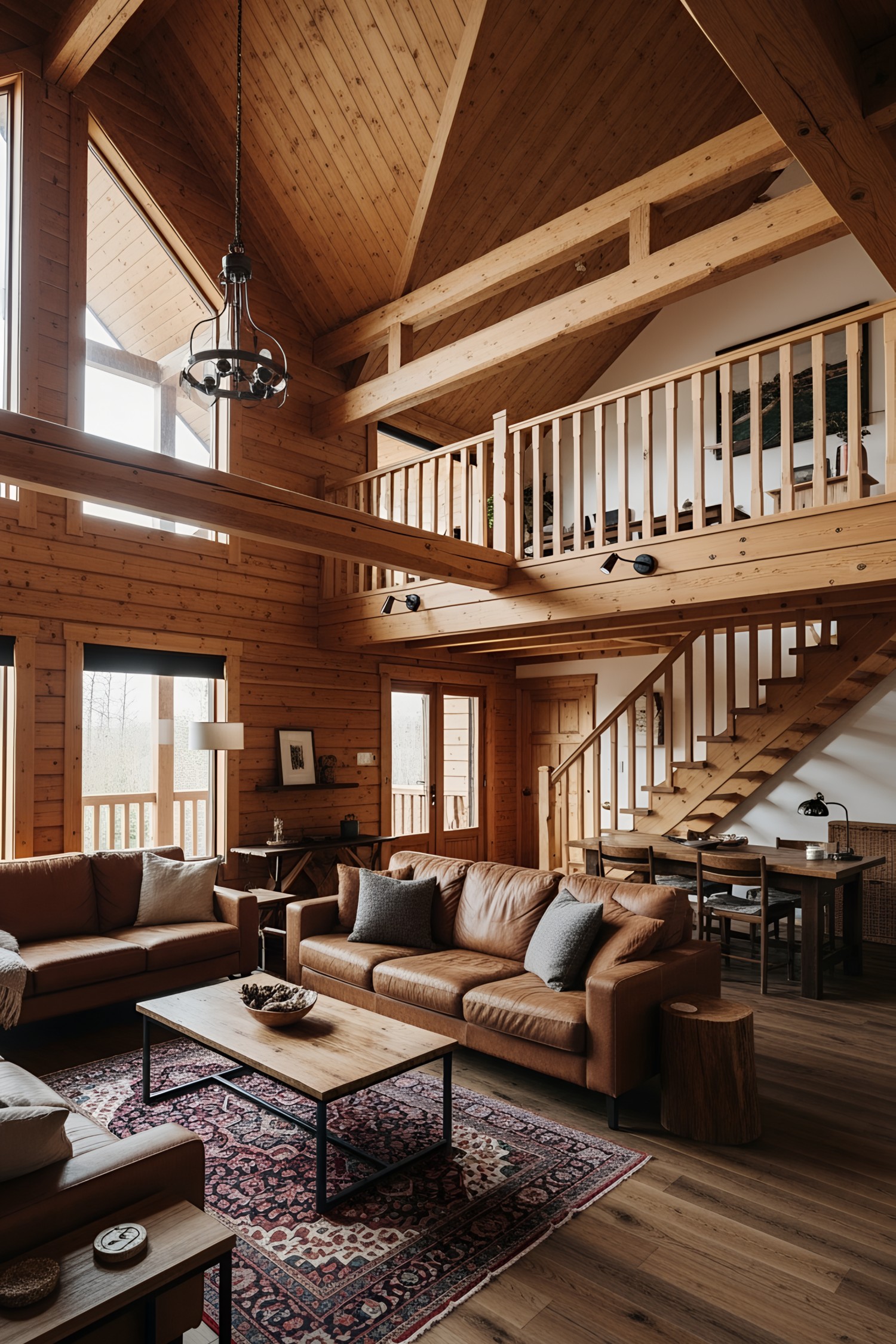 Warm log cabin interior with cozy leather sofas