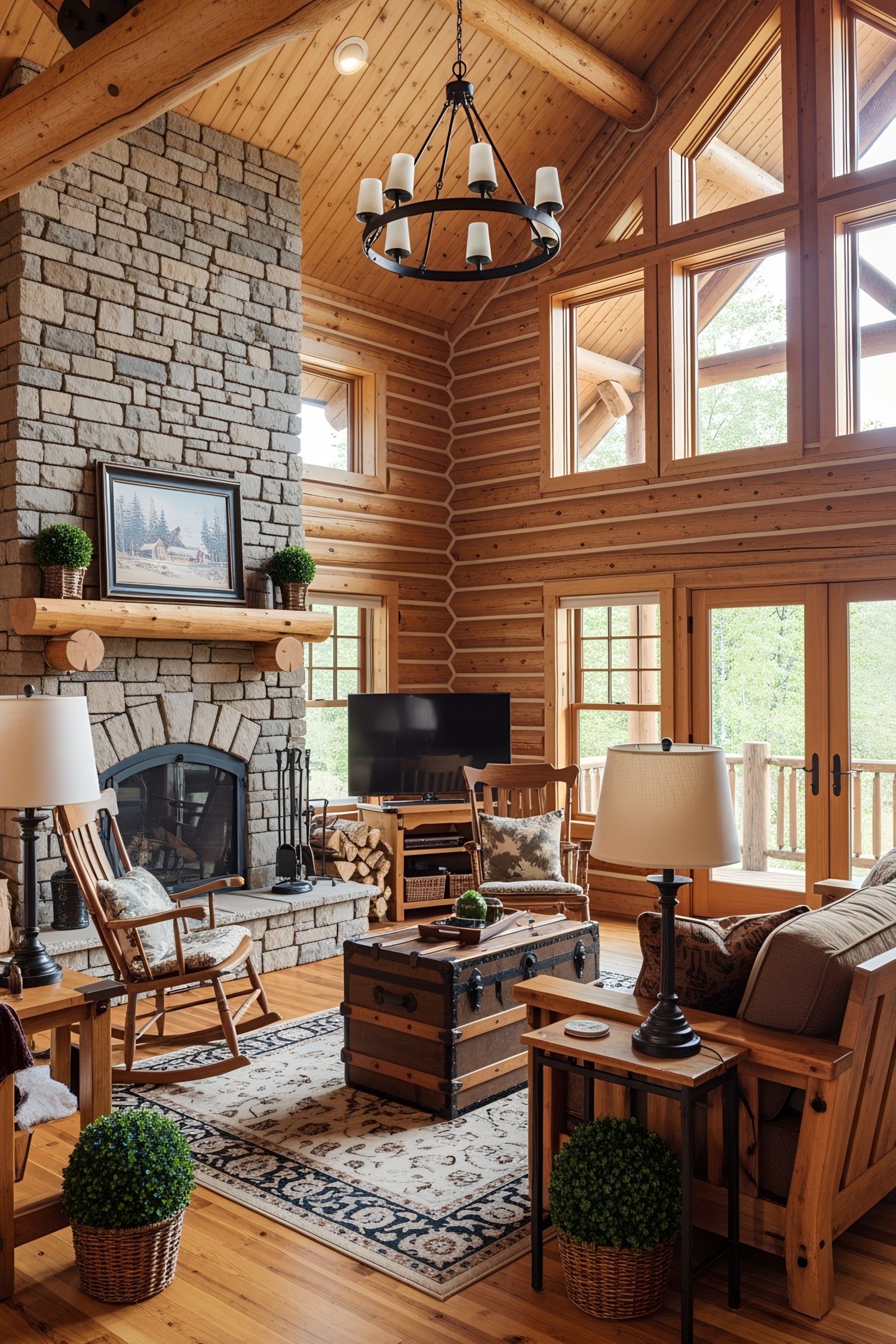 Cozy log cabin living room with a stone fireplace, wooden furniture, and large windows