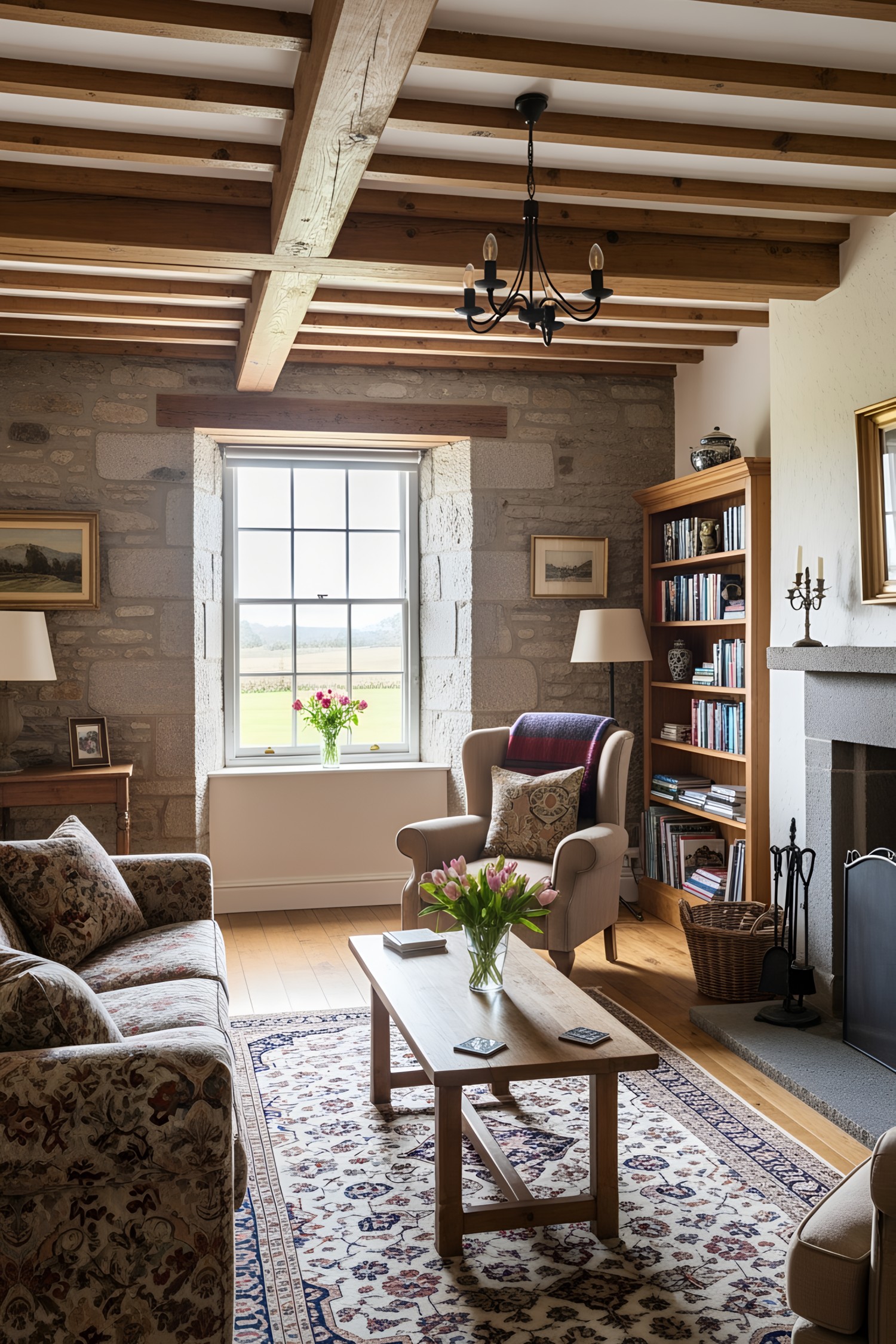 Scottish cottage living room with stone walls and cozy furniture