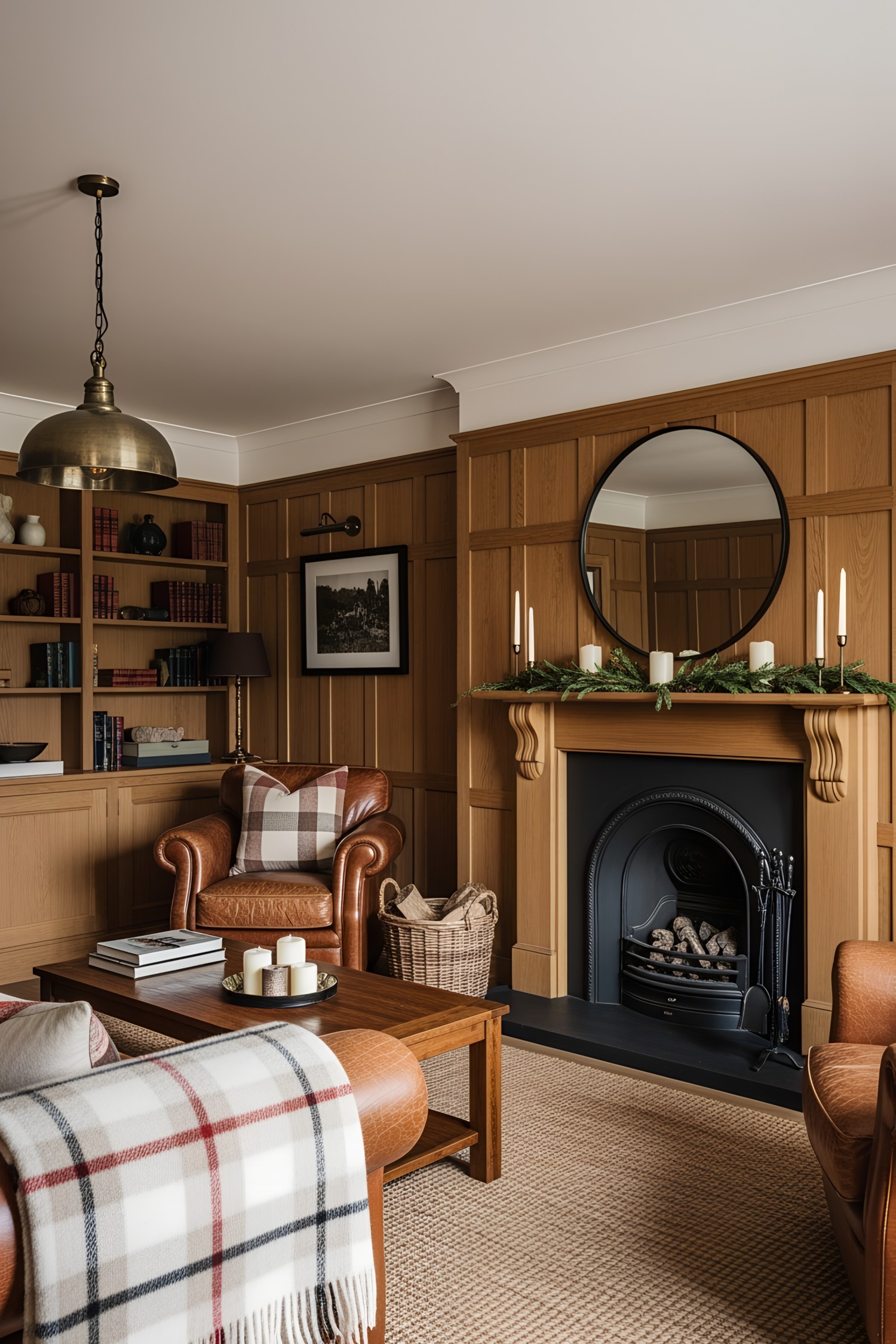 Comfortable living room with leather chairs and a fireplace