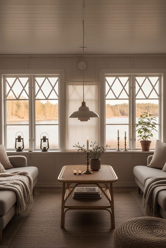 Living room in a Swedish cottage embodying a cozy, rustic Nordic aesthetic with a soft, neutral color palette of beiges and light browns. Large, multi-pane windows with diamond accents provide expansive views of a tranquil lake and warm-toned landscape. The walls are simple and painted in a light shade, complementing the pale wooden floorboards. The ceiling is also light and understated, enhancing the airy feel. Natural materials such as wood and woven fibers dominate, with a rattan table at the center and plush, textured throws on the sofa. Furnishings are minimal and functional, including vintage-style oil lamps, a candlestick, and a small potted plant as accessories, adding subtle charm and warmth to the serene space.