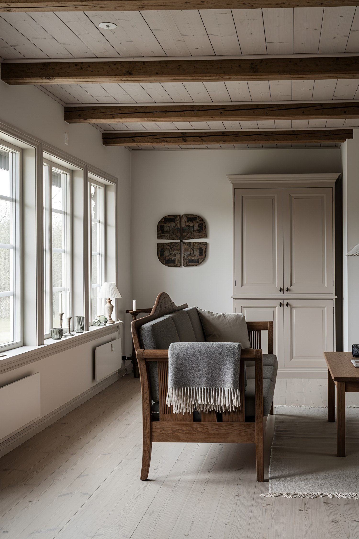 Bright and inviting Swedish living area with wooden accents