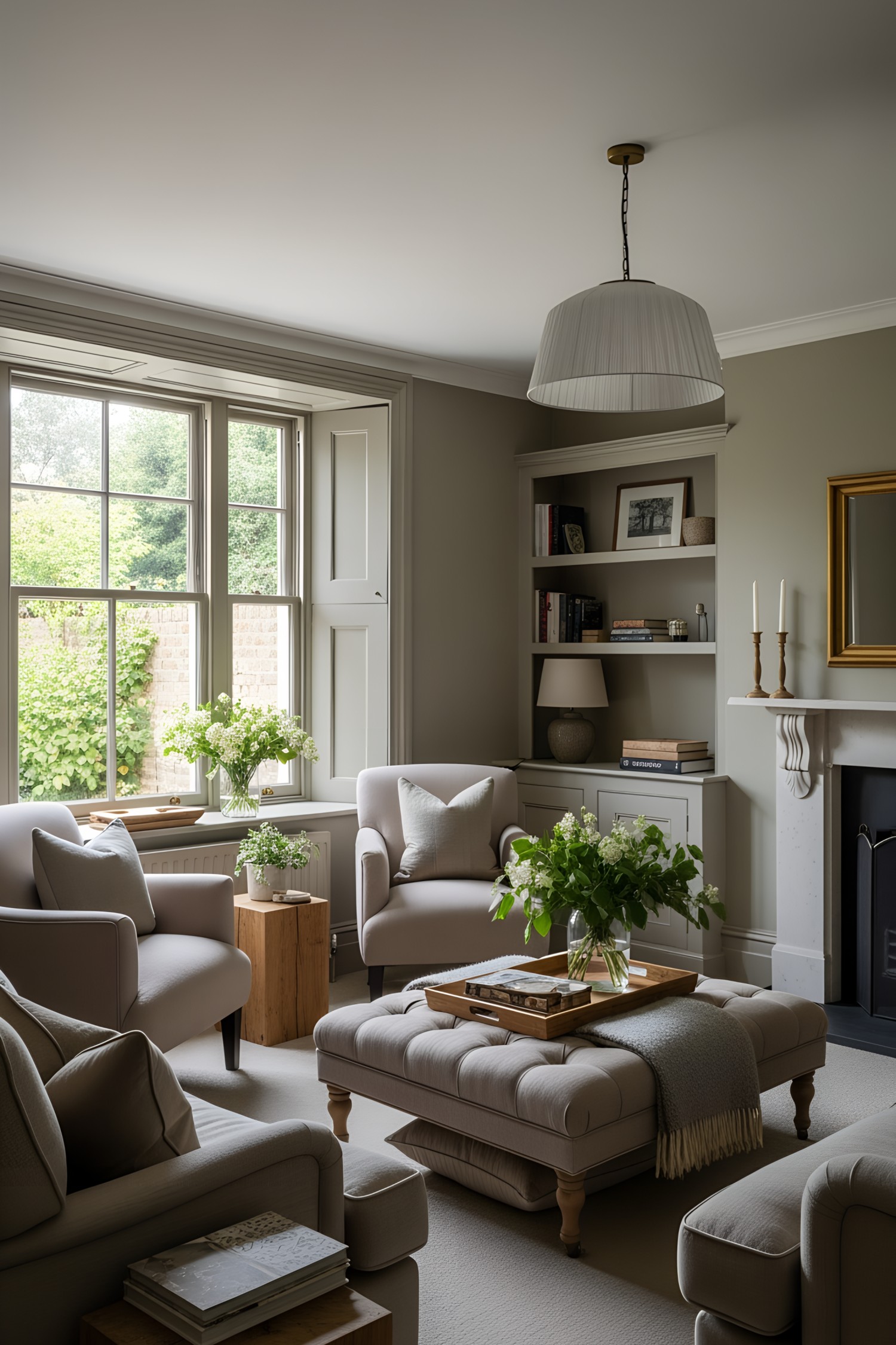 Sunlit room with cozy armchairs and a tufted ottoman