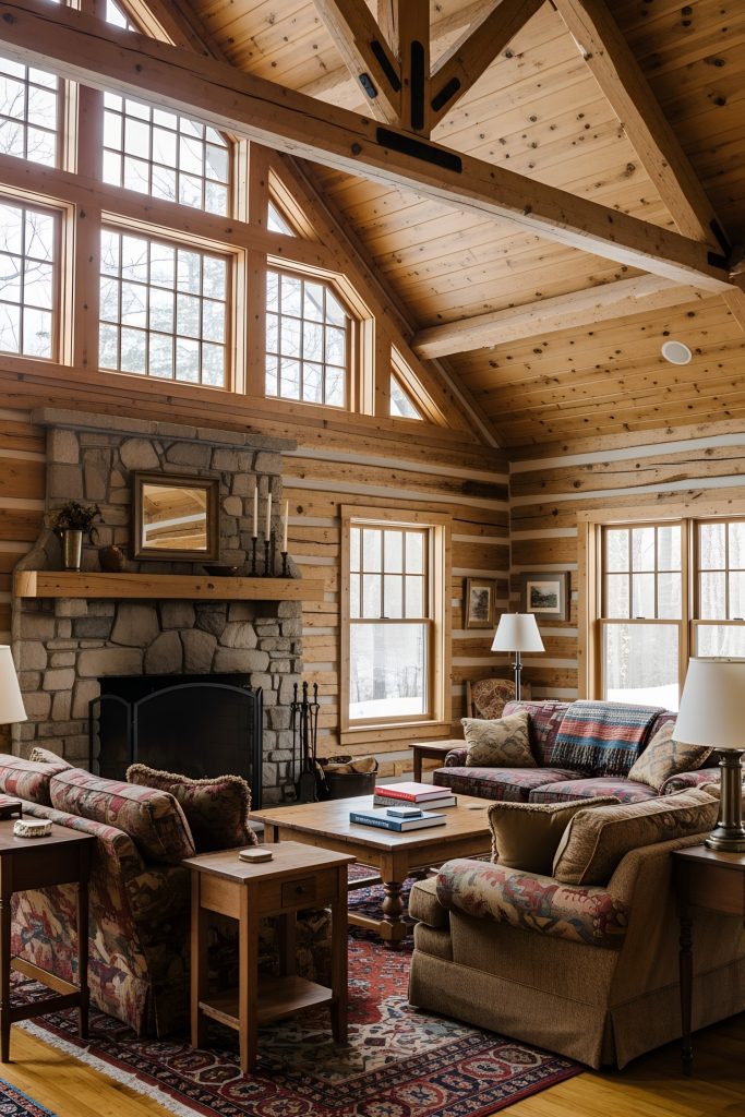 Living room in a traditional rustic log cabin aesthetic, characterized by a warm, earthy color palette. Architectural details include exposed wooden beams, wood-paneled walls, and a pitched ceiling. The walls are constructed of natural logs, complemented by large multi-pane windows that let in abundant natural light and frame a winter woods view. Flooring consists of wide wooden planks partially covered by a colorful patterned area rug. The stone fireplace serves as a central focal point, surrounded by overstuffed sofas with patterned throws and cushions in deep reds, blues, and beige. Furnishings include a wooden coffee table, side tables, and classic lamps, while minimal accessories and a few books provide a cozy atmosphere. There are no visible plants in this space.