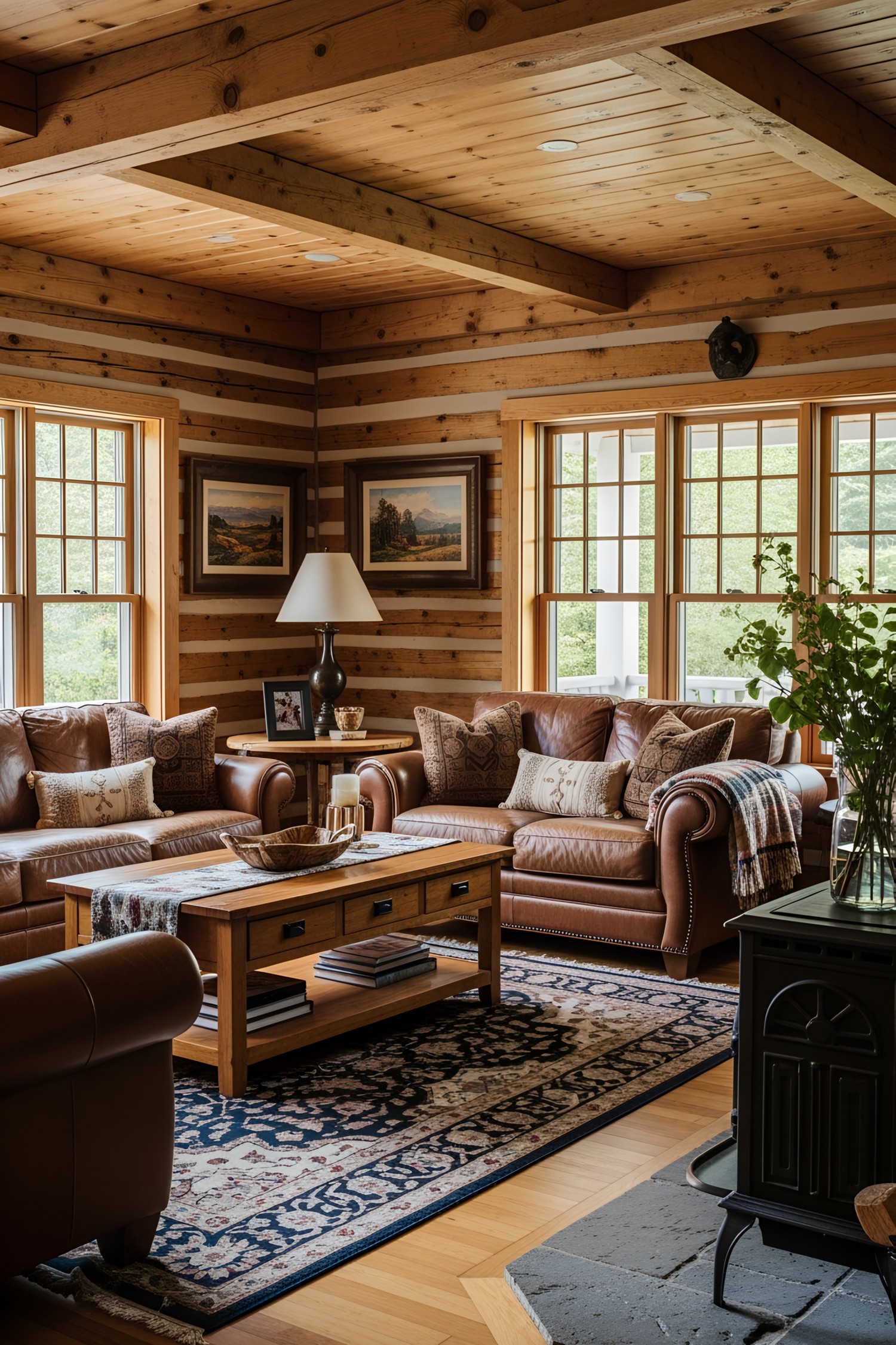 Log cabin living room with leather sofas, wooden table, and large windows