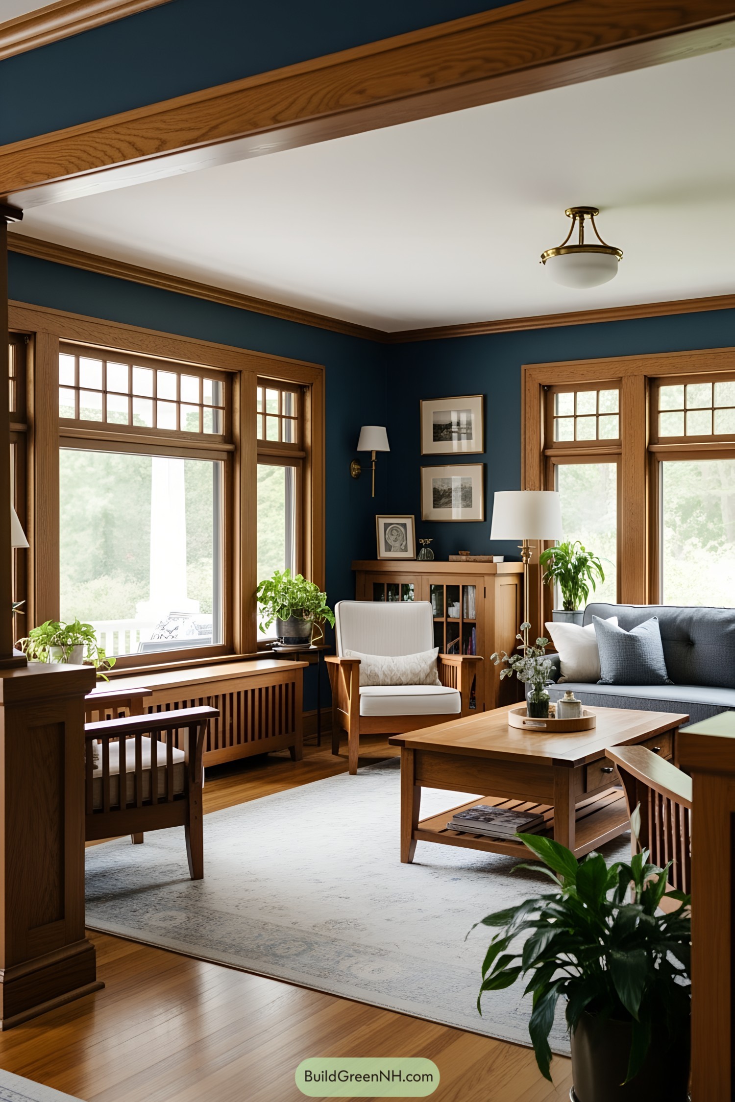 Cozy craftsman living room with blue walls and wooden accents