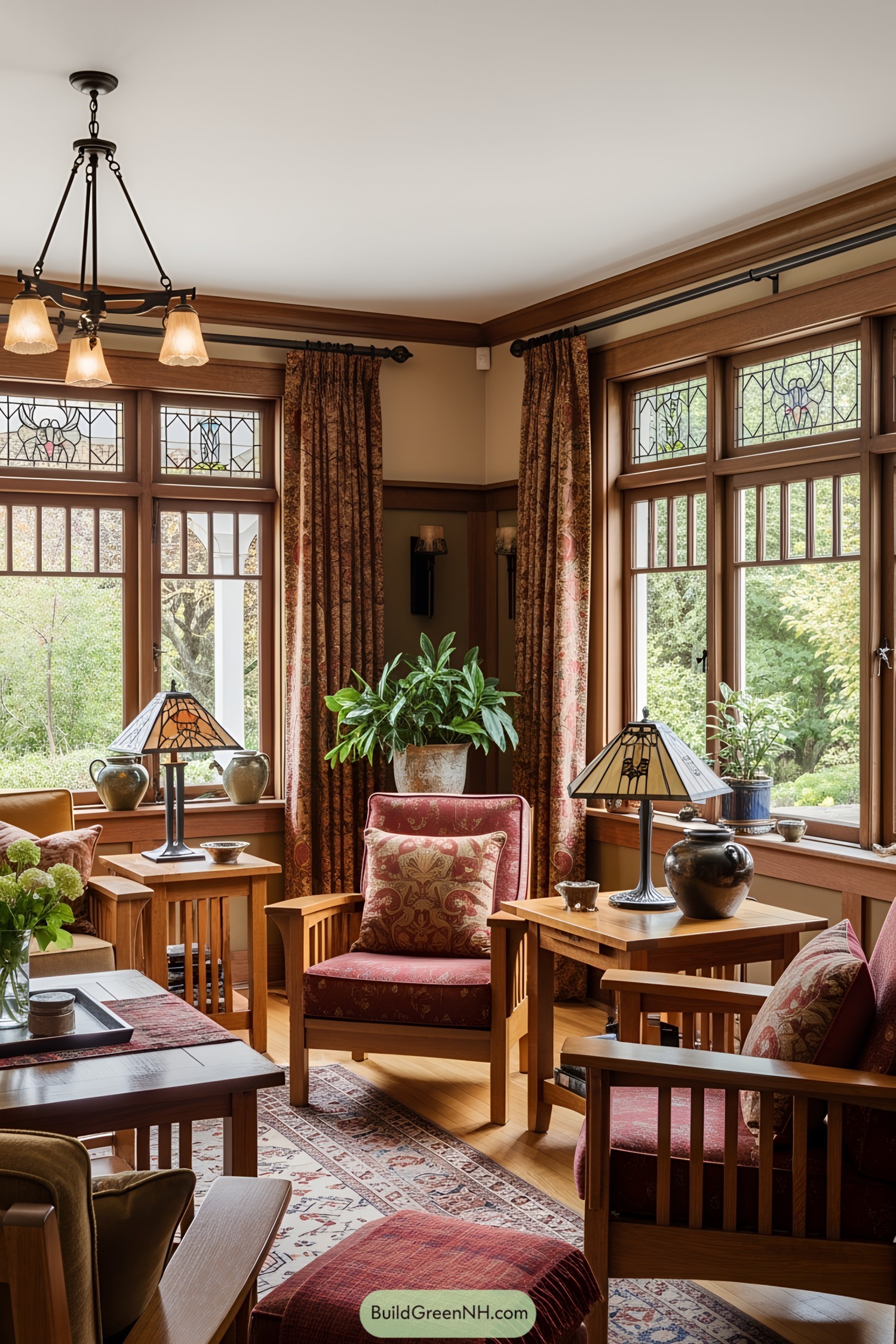 Sunlit craftsman-style living room with wooden furniture and stained glass windows