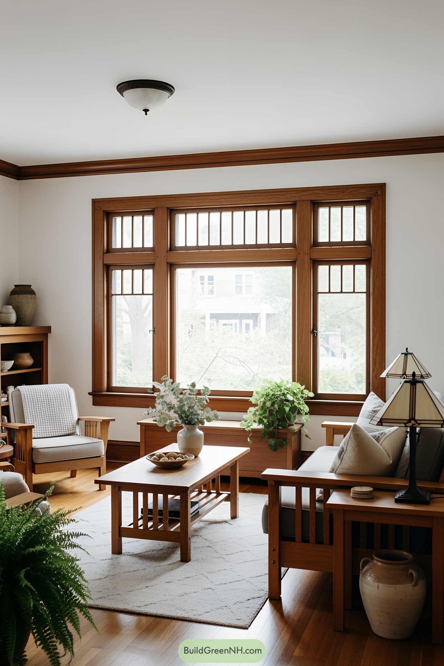 Cozy living room with large wooden-framed windows