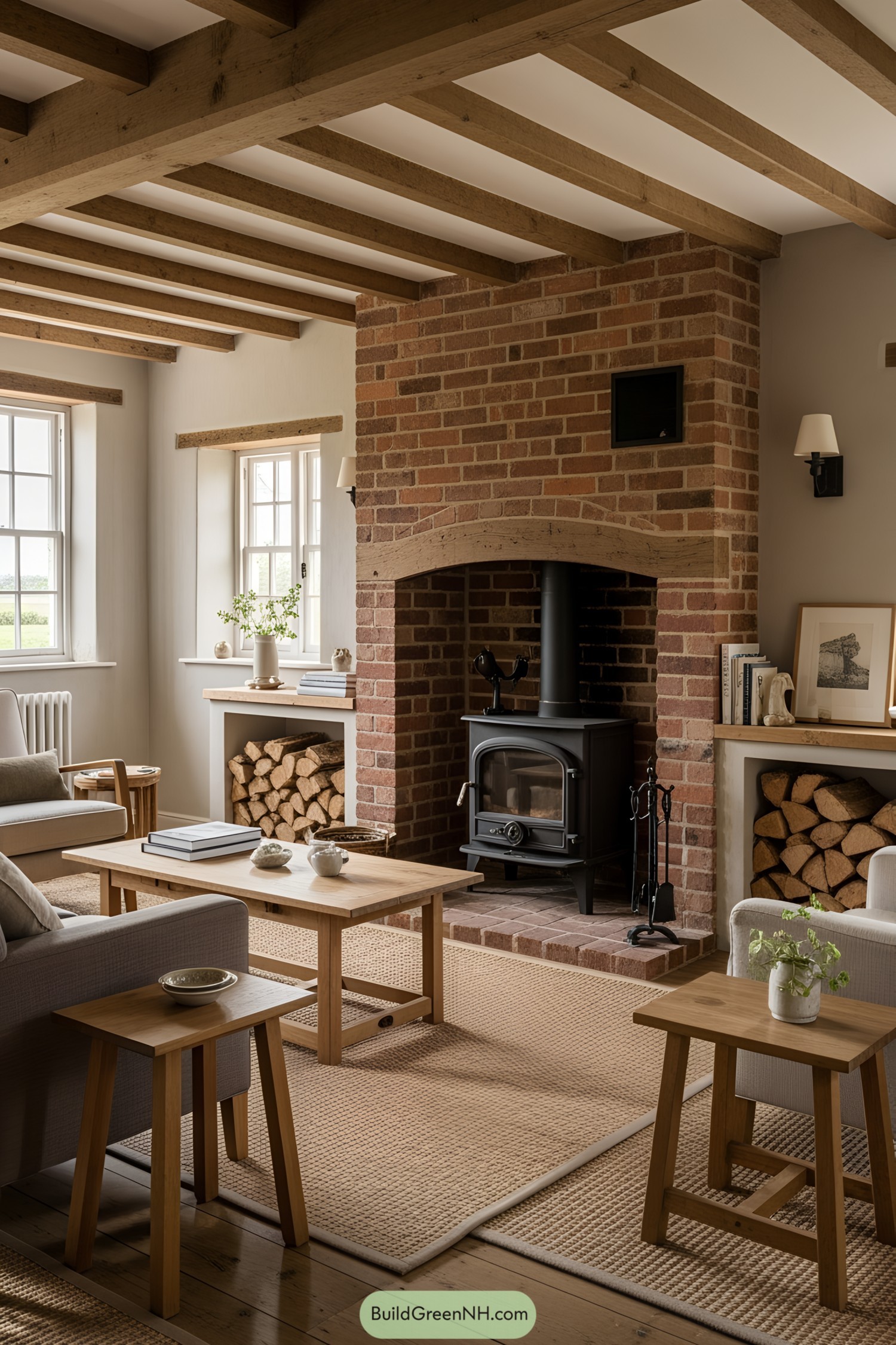 A cozy Tudor living room with a brick fireplace