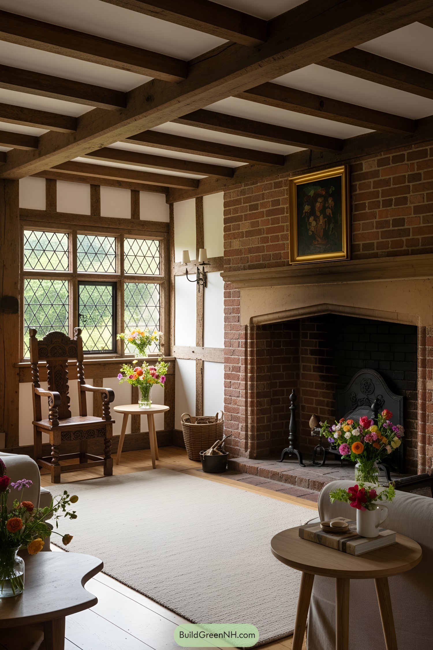 Charming interior of a Tudor-style cottage with wooden beams and a grand fireplace