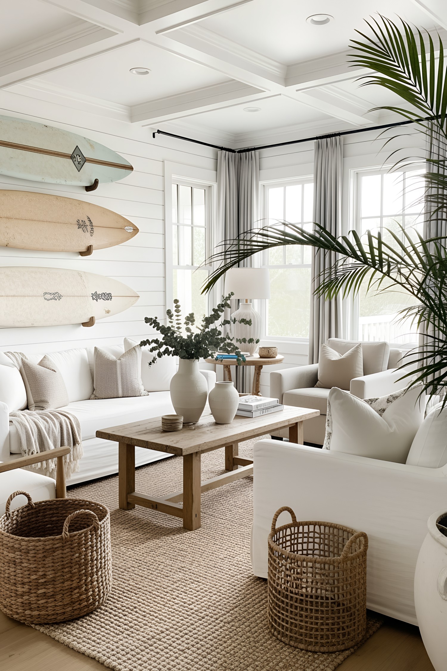 Cozy beach living room with surfboards and white furniture