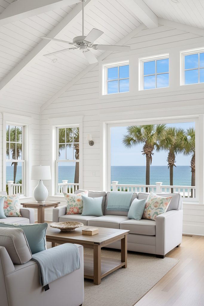 Living room with a coastal aesthetic, featuring a light and airy color palette dominated by whites and soft neutrals. The space includes vaulted ceilings with exposed beams, shiplap paneled walls, and expansive windows that frame a panoramic ocean view with palm trees and blue sky. Hardwood floors and a large ceiling fan enhance the beach house ambiance. Furnishings consist of plush, upholstered sofas with pastel and floral cushions, complemented by a wooden coffee table. Minimal accessories and a serene atmosphere are accented by natural light and subtle maritime touches.