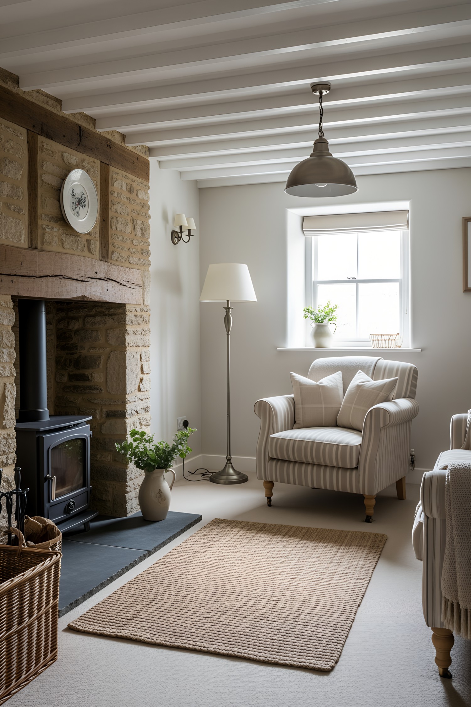 Interior of a cottage with a stone fireplace and cozy armchair