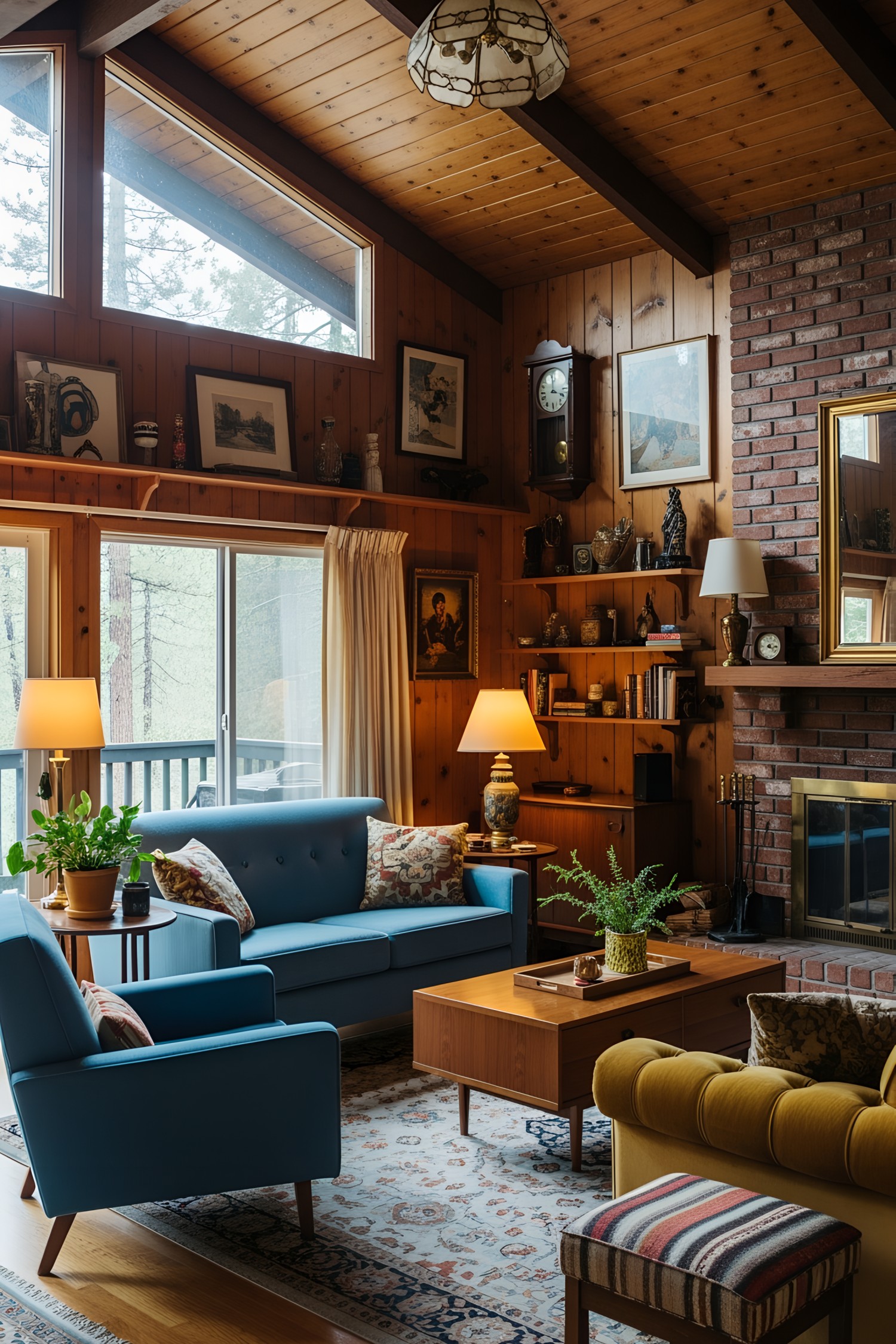 Charming log cabin living room with vintage decor