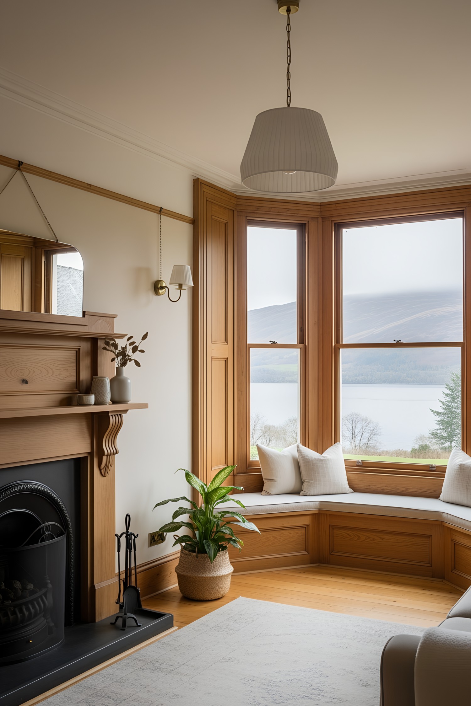Elegant Scottish cottage interior with wooden accents and cozy seating
