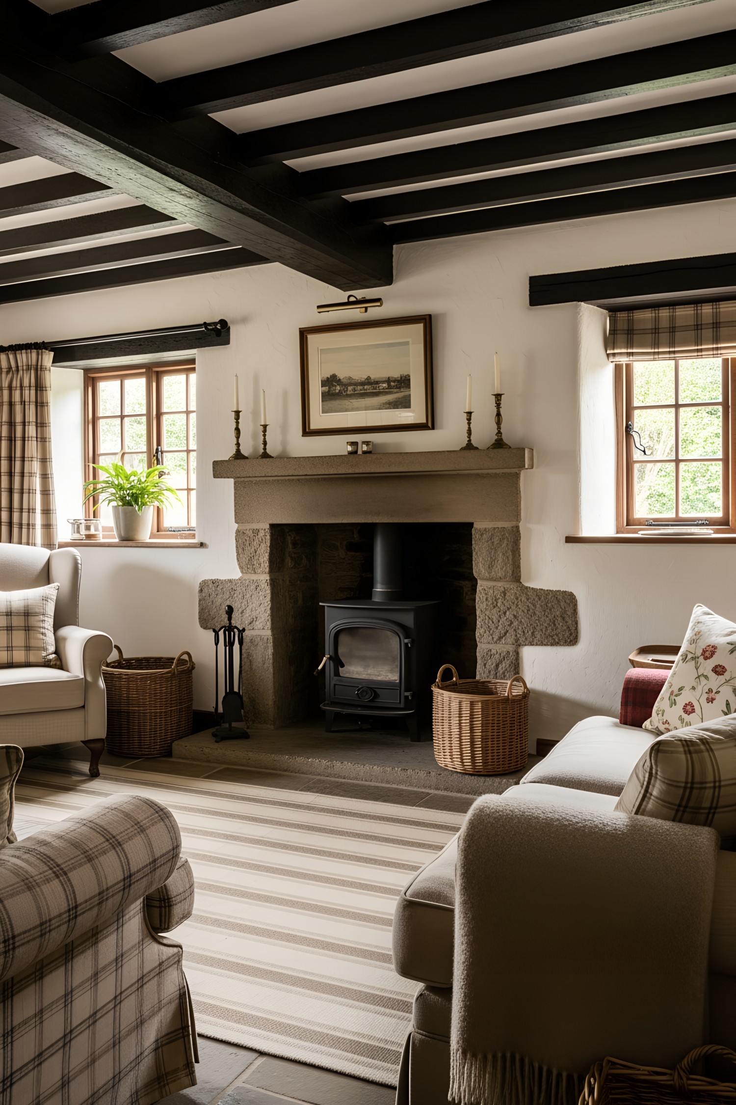 Charming cottage living room with stone fireplace and comfy chairs