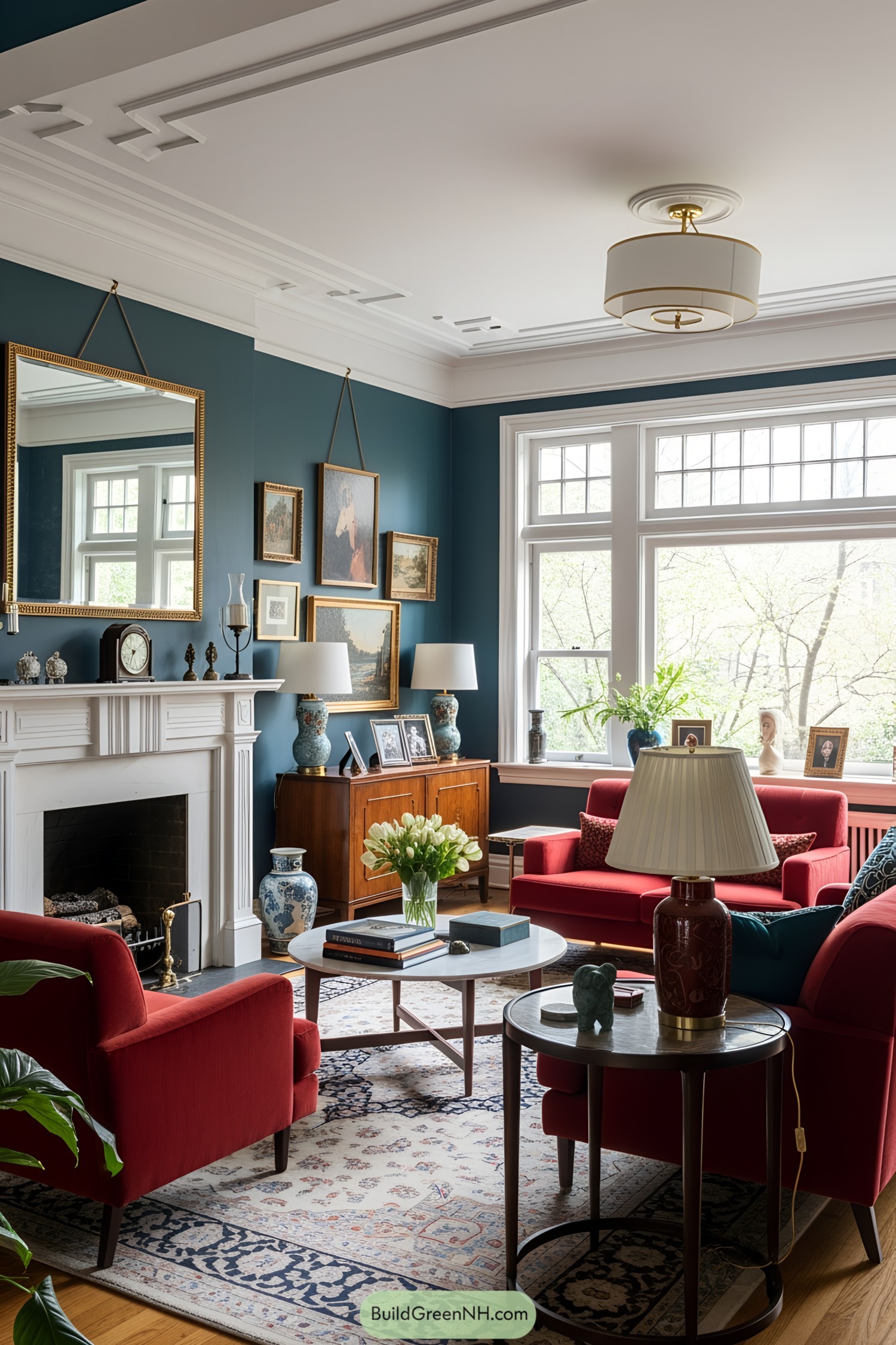 Elegant 1920s living room with red chairs and classic decor