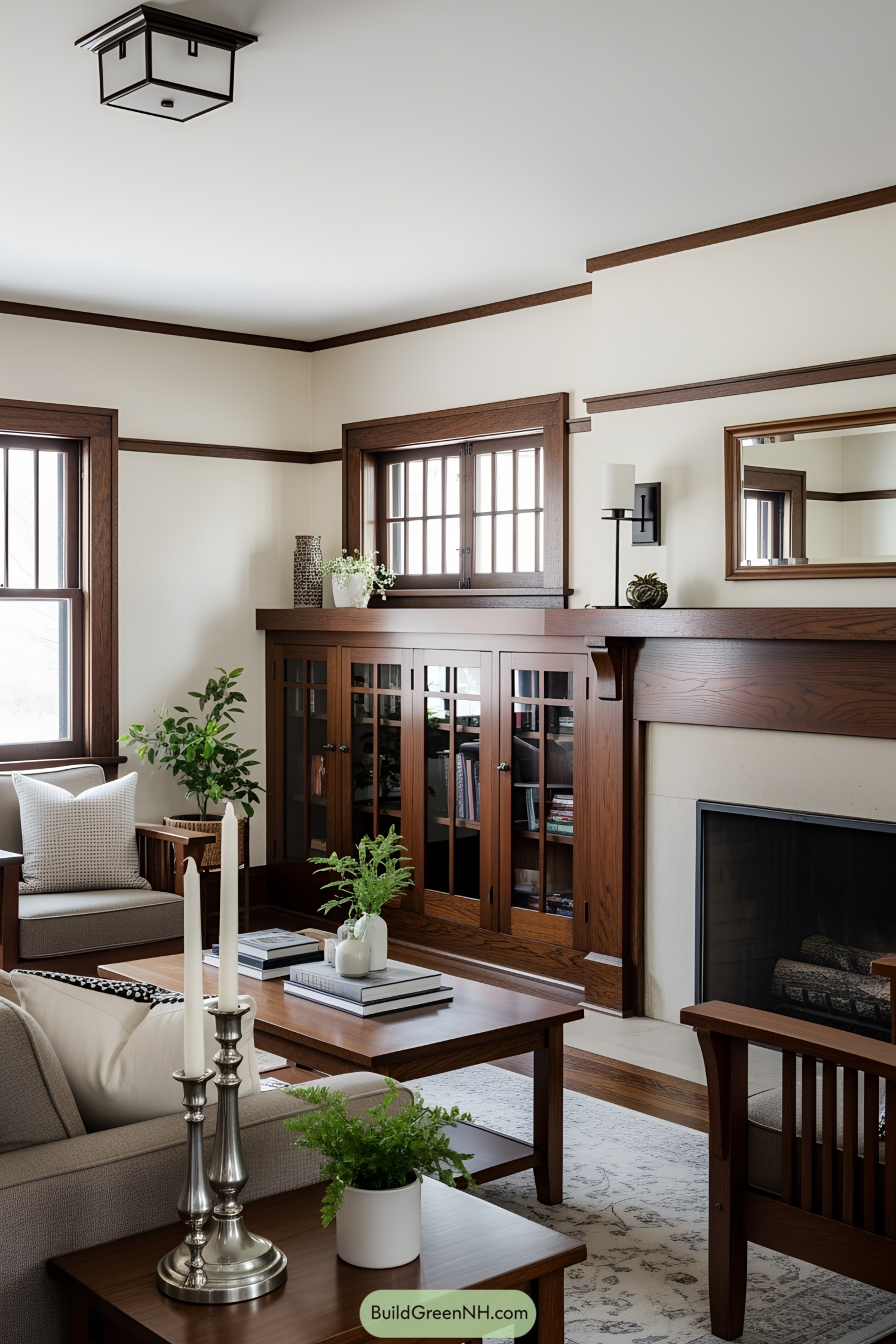 Classic 1920s living room with wood accents and cozy decor