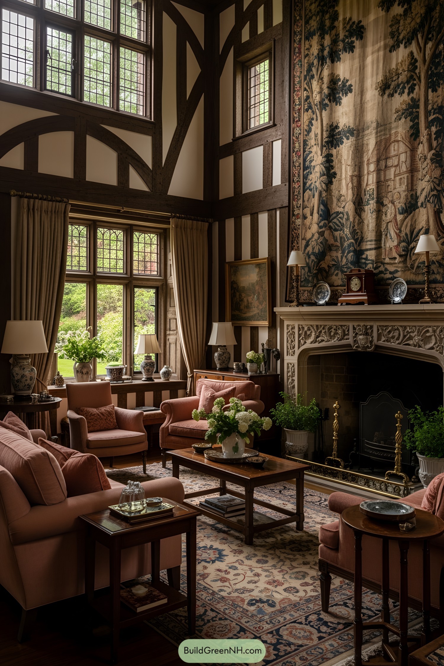 Tudor living room with classic furnishing and large tapestry