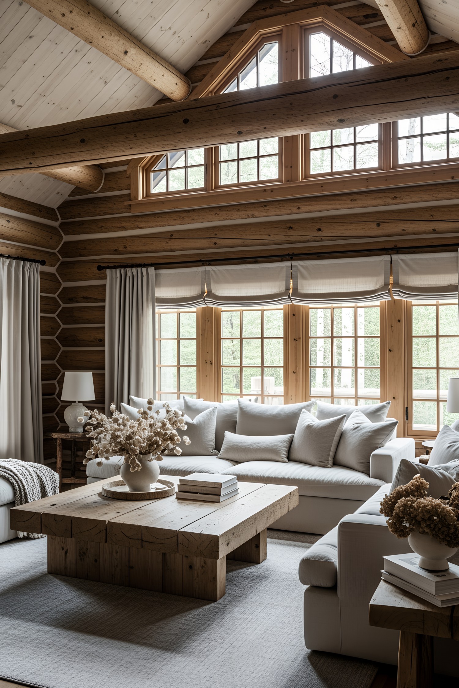 Bright and cozy log cabin living room with natural elements