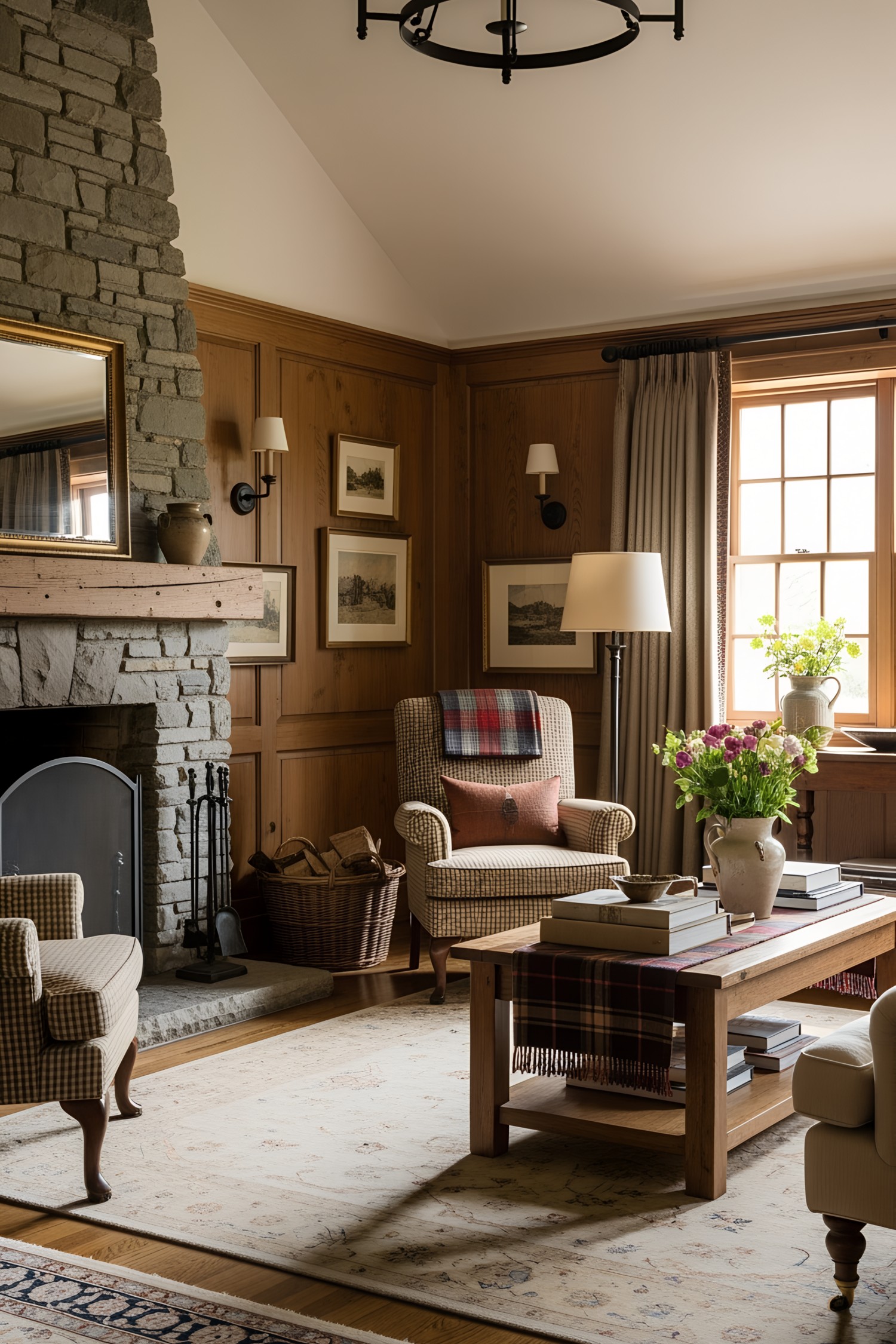 Warm Scottish cottage interior with stone fireplace and wooden accents