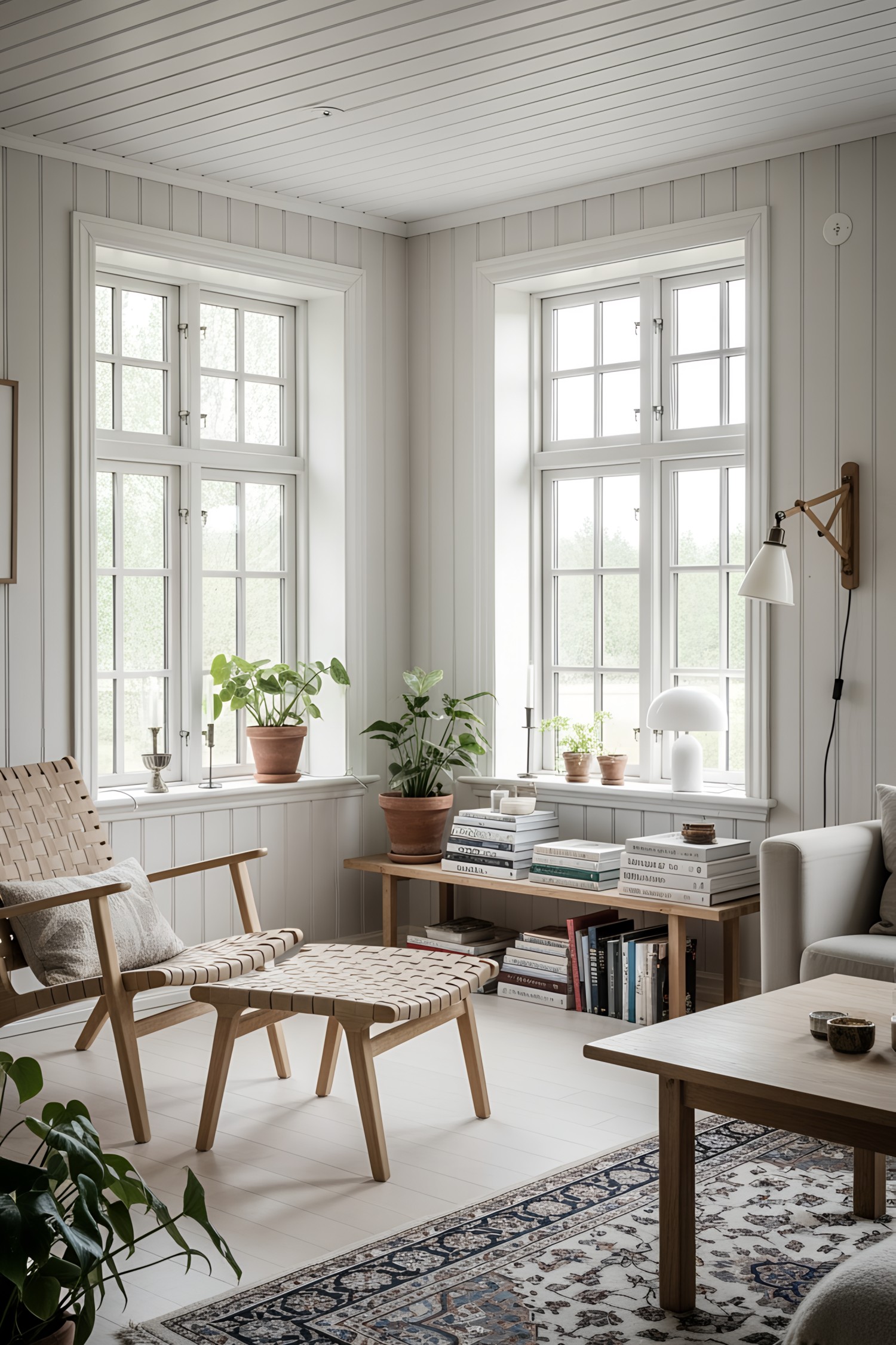 Bright and cozy room with wooden furniture and potted plants
