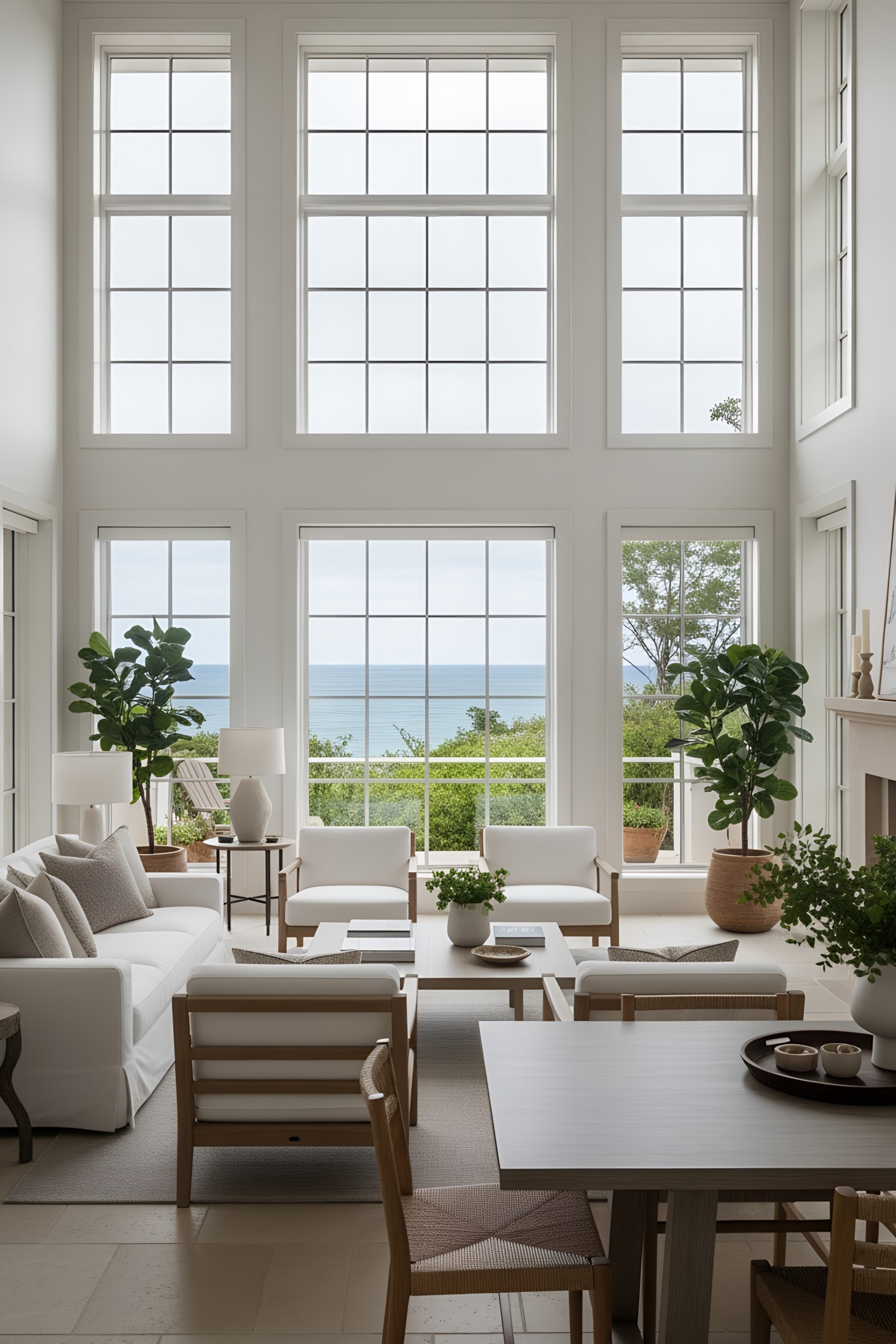Living room with large windows and ocean view