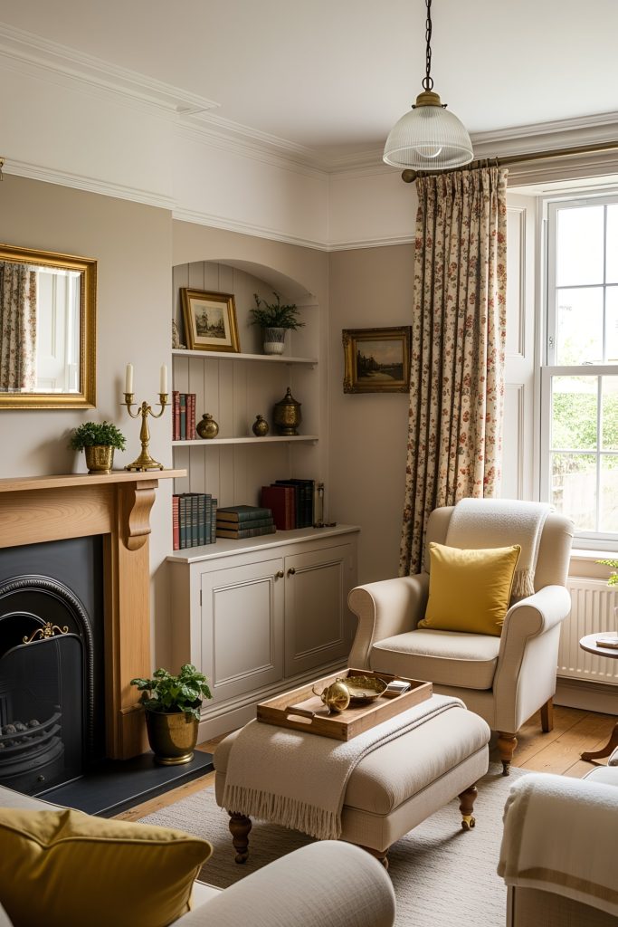 Living room with a traditional British cottage aesthetic and cozy, vintage-inspired interior style. The color palette is warm and earthy, dominated by soft beige, muted gold, and natural wood tones. Architectural details include a modest fireplace with a wooden mantel and fitted shelving with an arched top. Walls are painted in a light taupe shade, and a large window is draped with floral-patterned curtains. The floor appears to be wooden, partially covered by a neutral rug, while the ceiling is simple with crown molding. Natural wood and upholstered fabrics are the primary materials, with furniture such as a cushioned armchair and an ottoman arranged for comfort. Accessories include antique books, framed artwork, brass ornaments, and small potted plants, enhancing the homely, nostalgic charm.