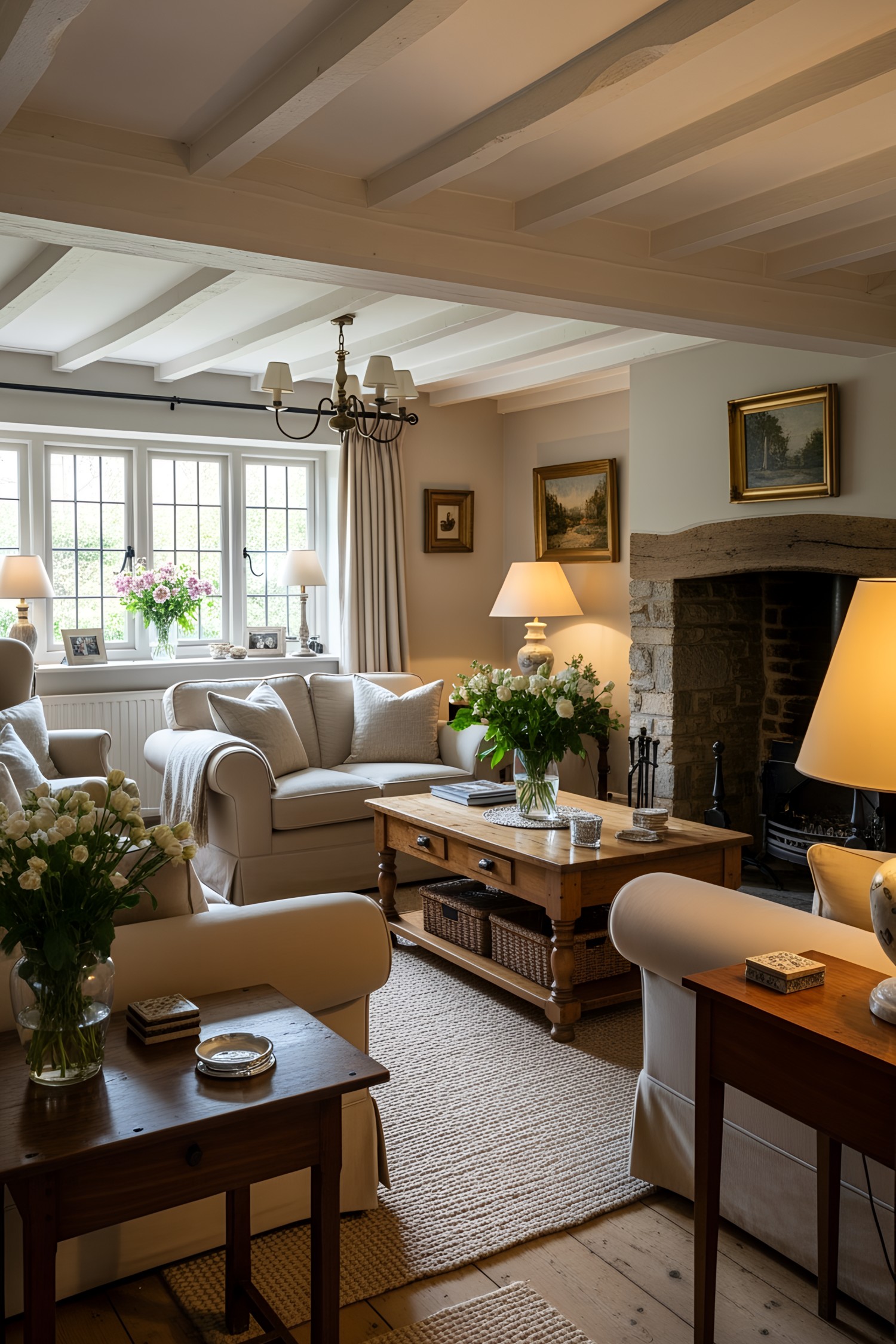 Cozy living room with sofas and a stone fireplace