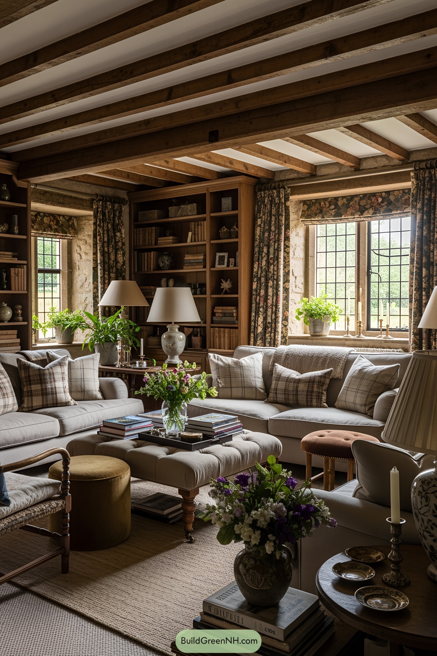 Warm and inviting Tudor style living room with classic wooden beams