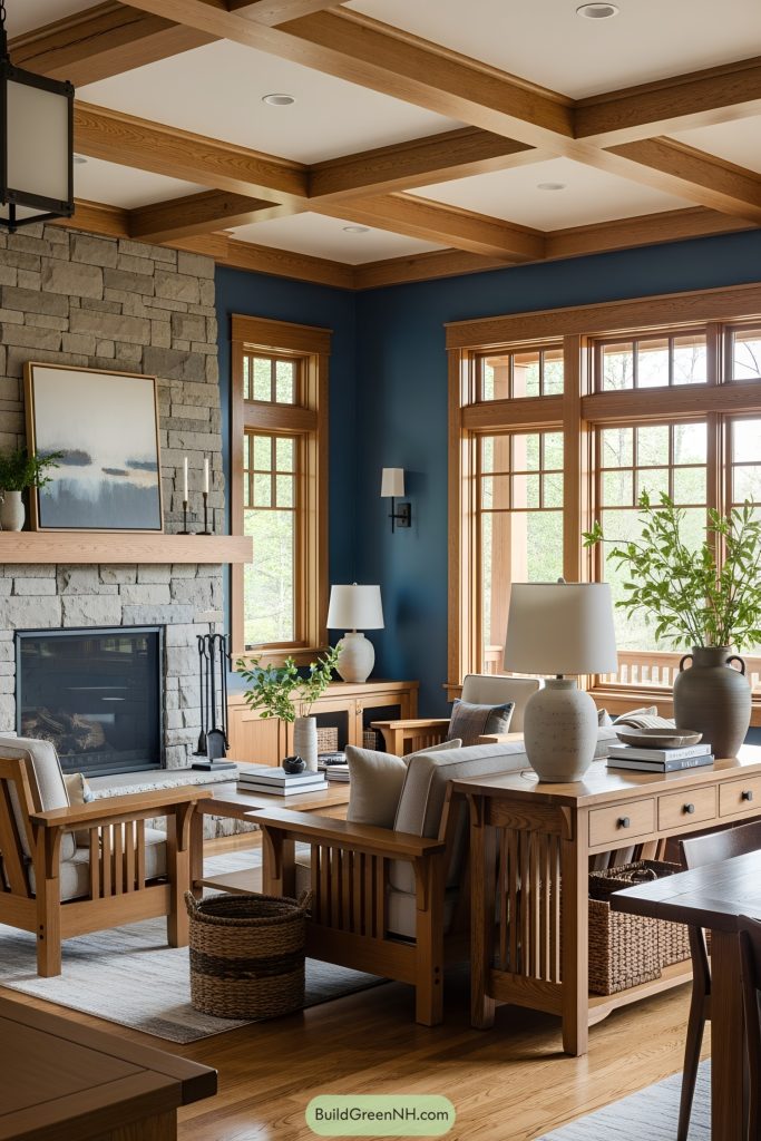 Living room with a warm, modern Craftsman aesthetic blending traditional and contemporary elements. The color palette centers on natural earth tones, deep blues, and creamy neutrals. Architectural details include exposed wooden ceiling beams and a prominent stone fireplace with a wooden mantle. Walls are painted in a soft neutral with accent walls in rich blue, while substantial windows framed in wood introduce ample natural light. Hardwood floors provide a solid foundation, complemented by a coffered or vaulted ceiling. Materials focus on oak, stone, and hand-forged metal. Furnishings include mission-style seating with clean lines, wooden sideboards, and a robust dining table. Accessories are minimal—ceramic vases, artisanal lighting, and woven baskets—while lush green plants add a touch of nature. The view through the window reveals a serene outdoor setting, reinforcing a connection to nature.