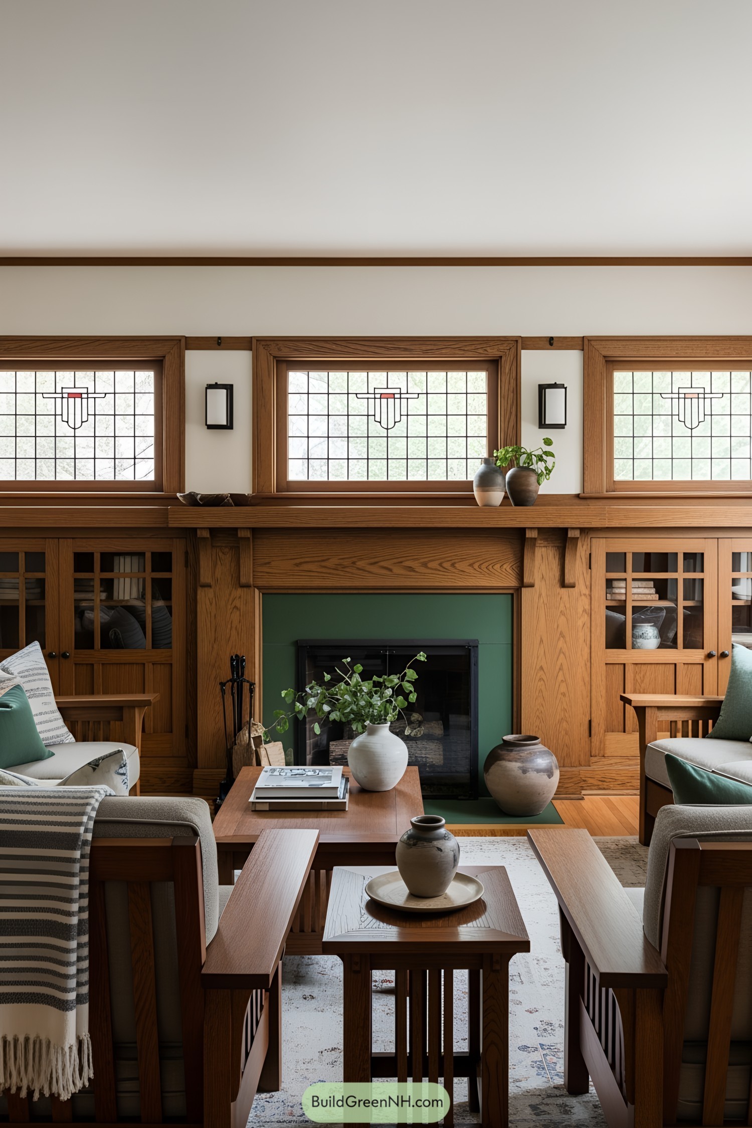 Cozy living room with stained glass and wooden accents