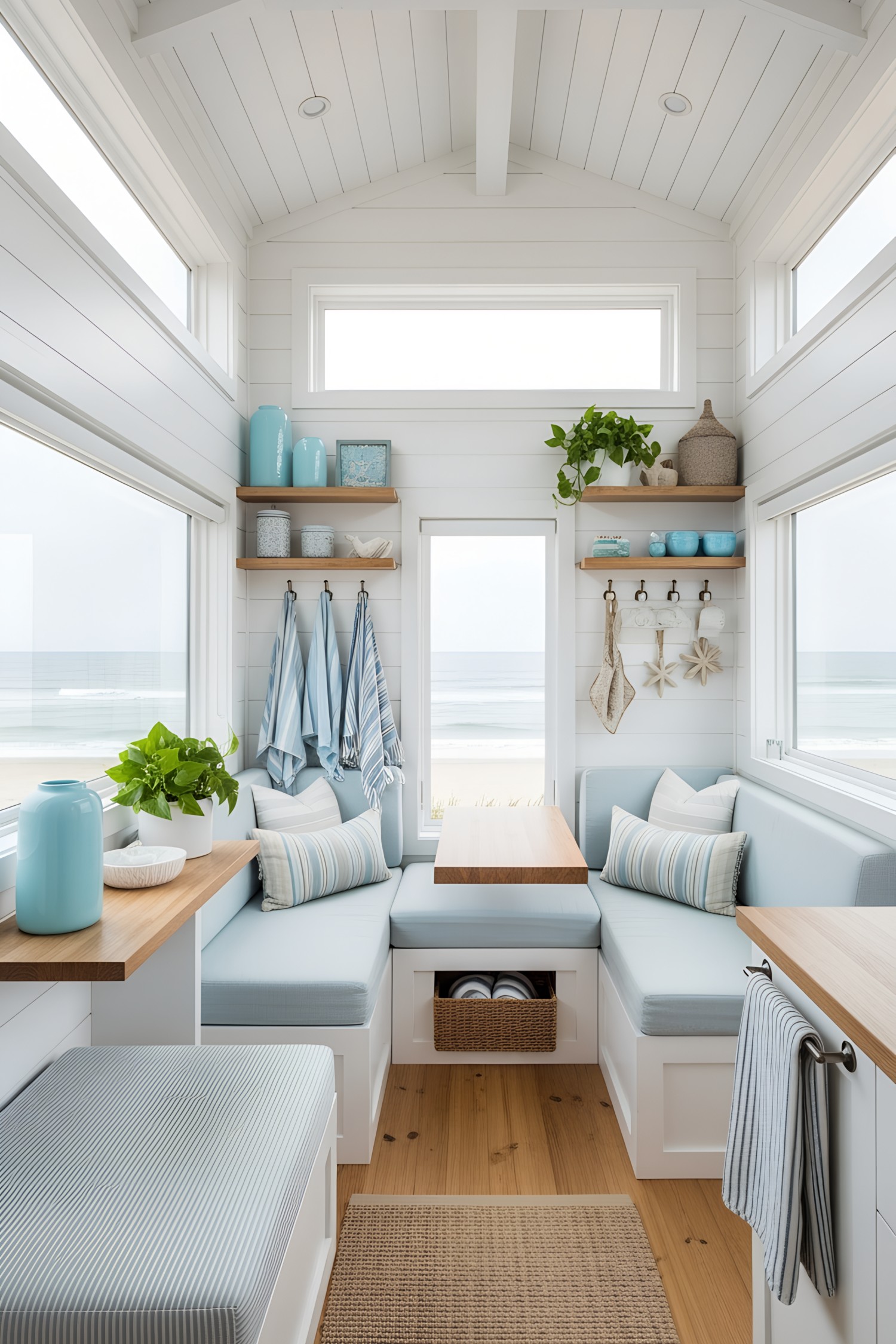 Beach house interior with sea view and cozy seating