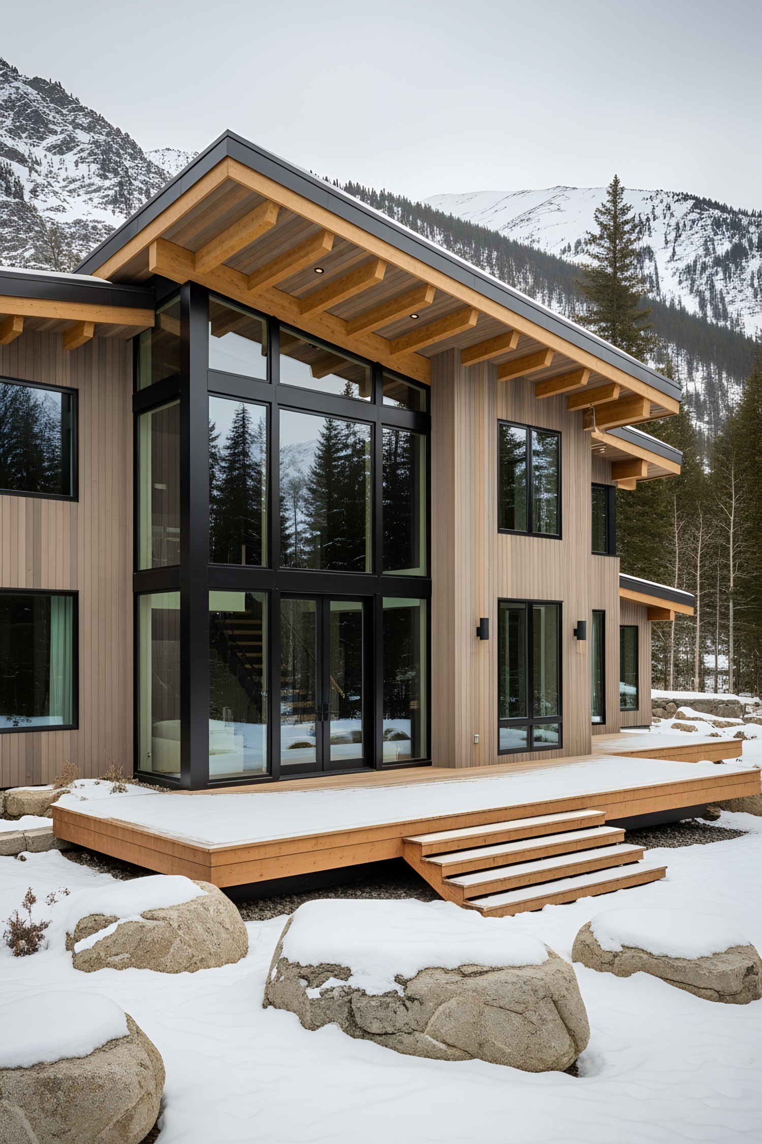Modern chalet with large glass windows in a snowy mountain setting
